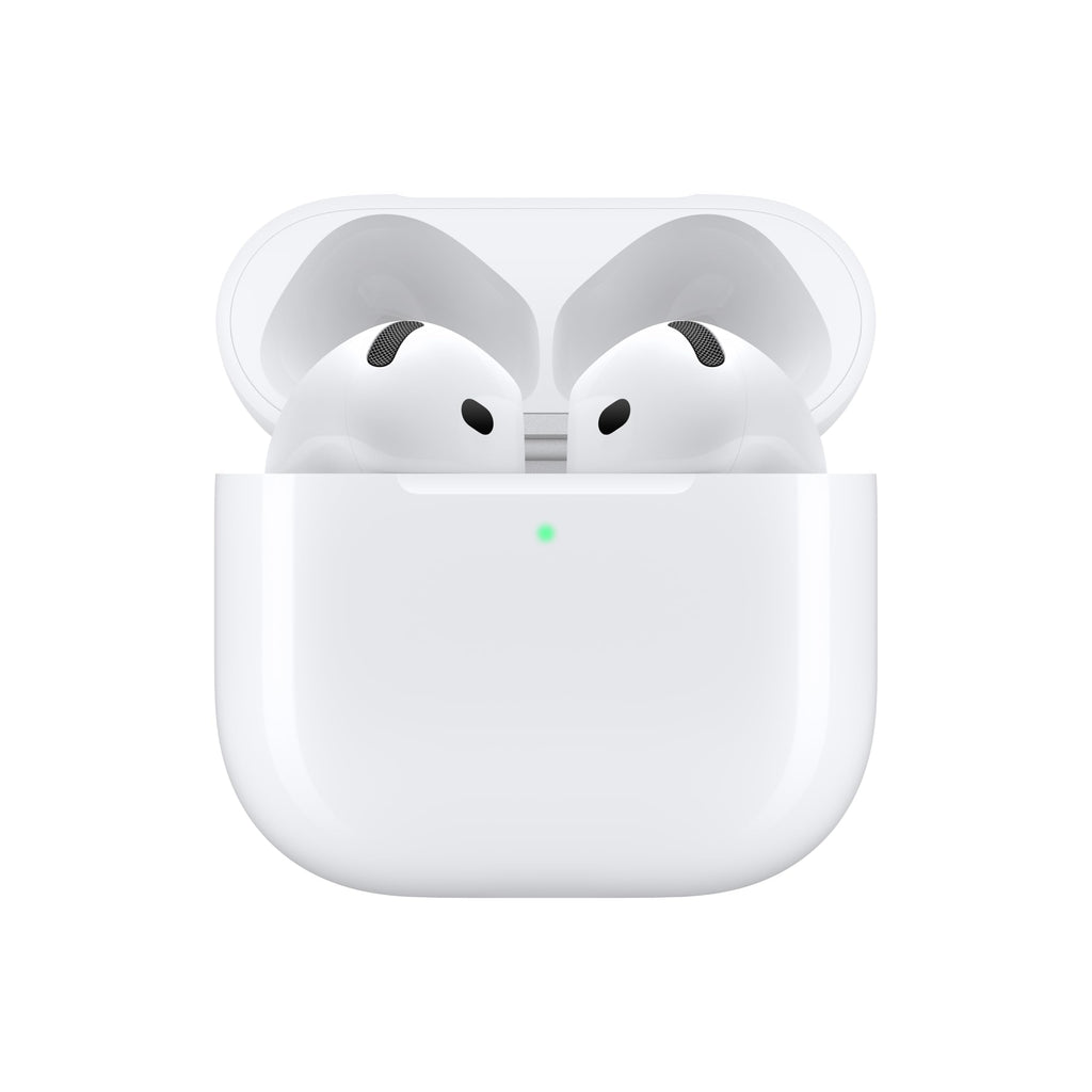 Apple AirPods 4 wireless earbuds with personalized spatial audio, USB-C case, sweat resistant, and up to 30-hour battery life.