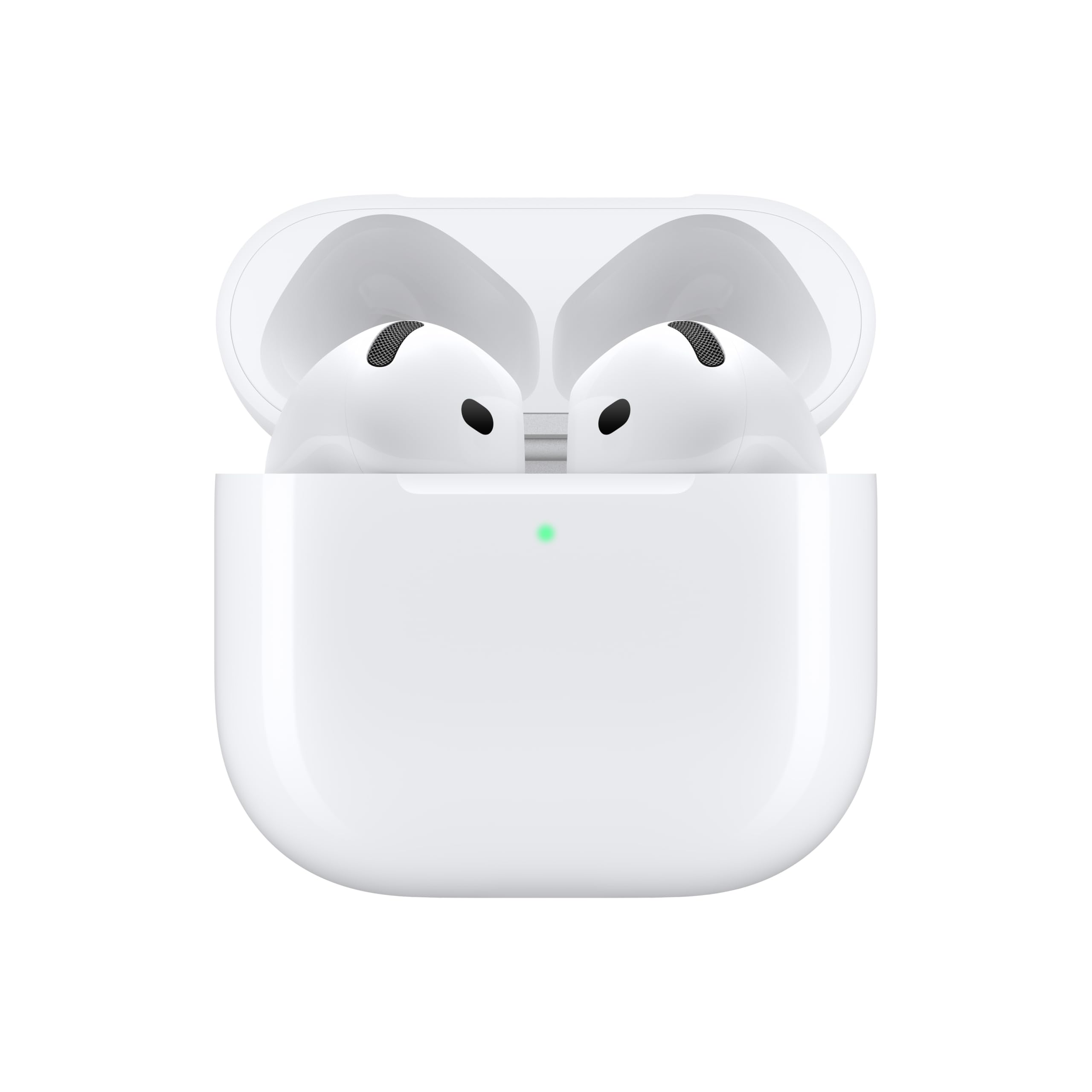Apple AirPods 4 wireless earbuds with personalized spatial audio, USB-C case, sweat resistant, and up to 30-hour battery life.