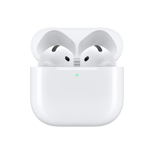 Apple AirPods 4 wireless earbuds with personalized spatial audio, USB-C case, sweat resistant, and up to 30-hour battery life.