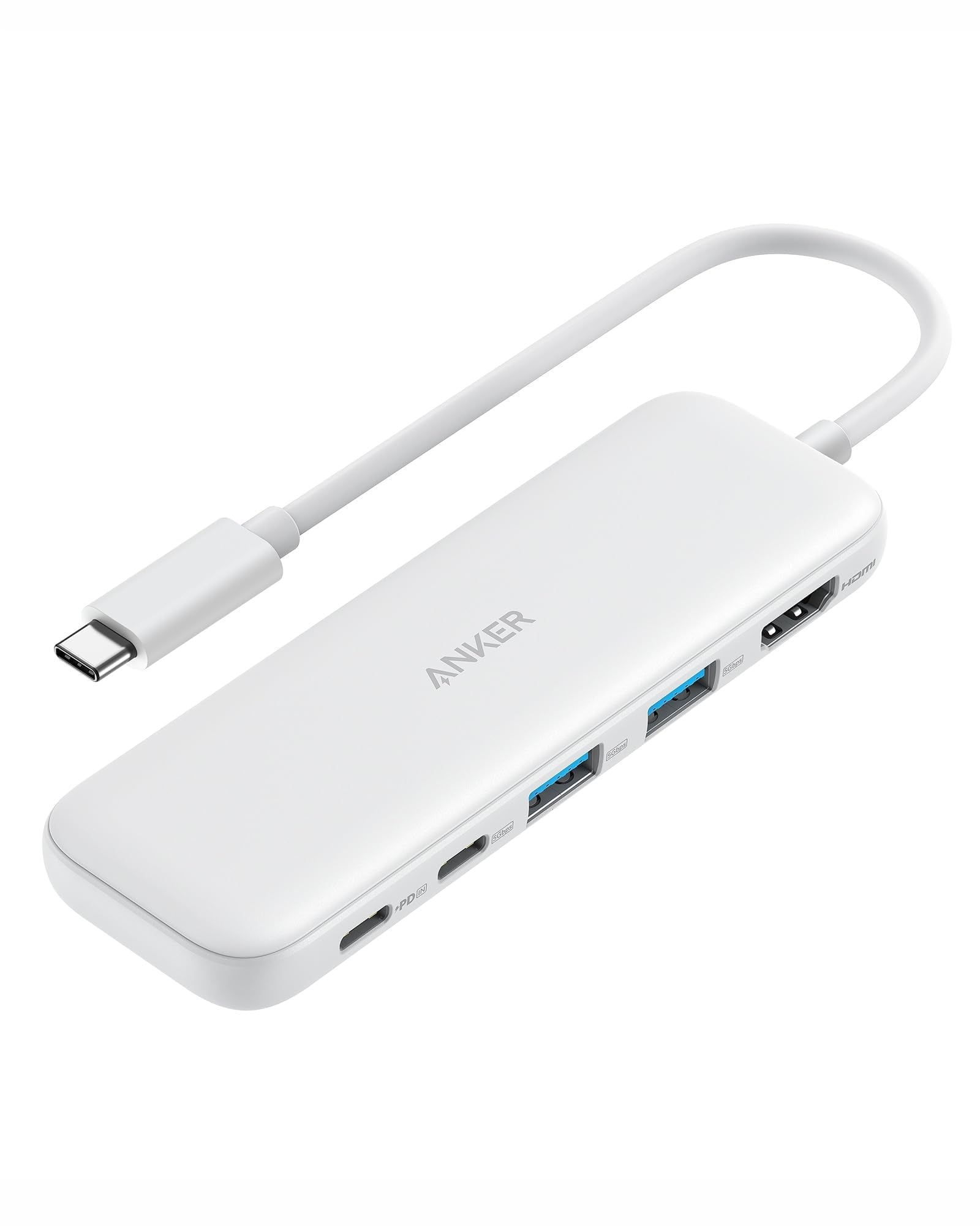 Anker 5-in-1 USB C Hub with HDMI 4K display port and USB-A data ports, compatible with MacBook Pro, Dell XPS, Lenovo, and HP laptops.