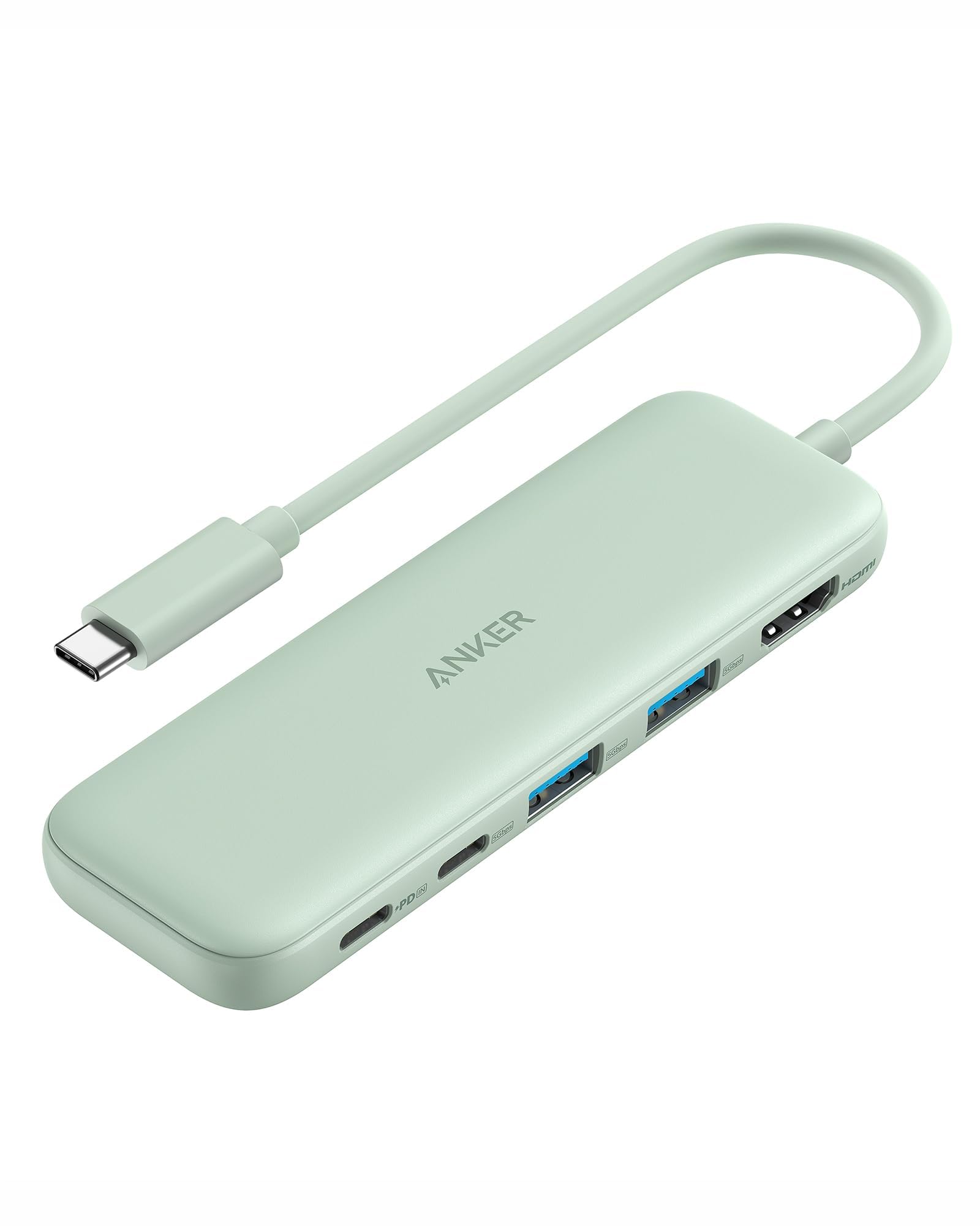 Anker 5-in-1 USB C hub with HDMI 4K display, USB-C and USB-A ports, shown connected to a laptop, green color, compact design.