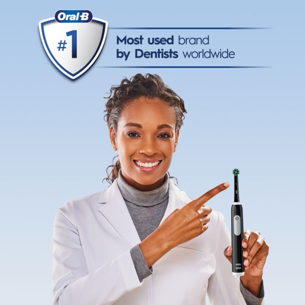 Black Oral-B Pro 1000 rechargeable electric toothbrush with brush head and handle, designed for effective dental cleaning.