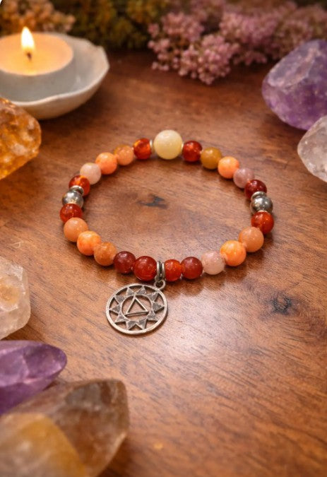 Sterling silver Sacral Chakra bracelet with Carnelian, Fire Agate, and Sunstone crystals, healing energy jewelry for her.