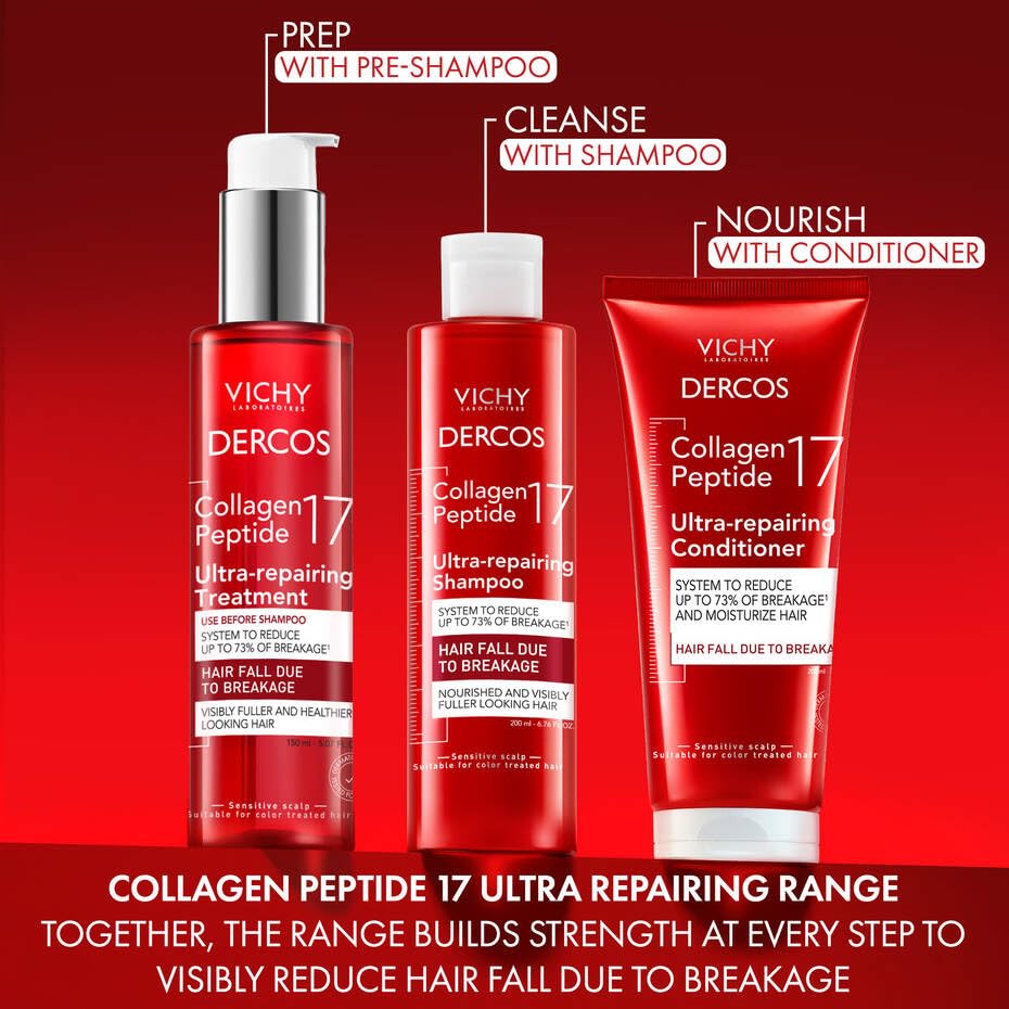 Old World Hub Dercos Collagen Peptide 17 Ultra-Repairing Treatment in 150ml bottle, anti-hair fall pre-shampoo bond repair.