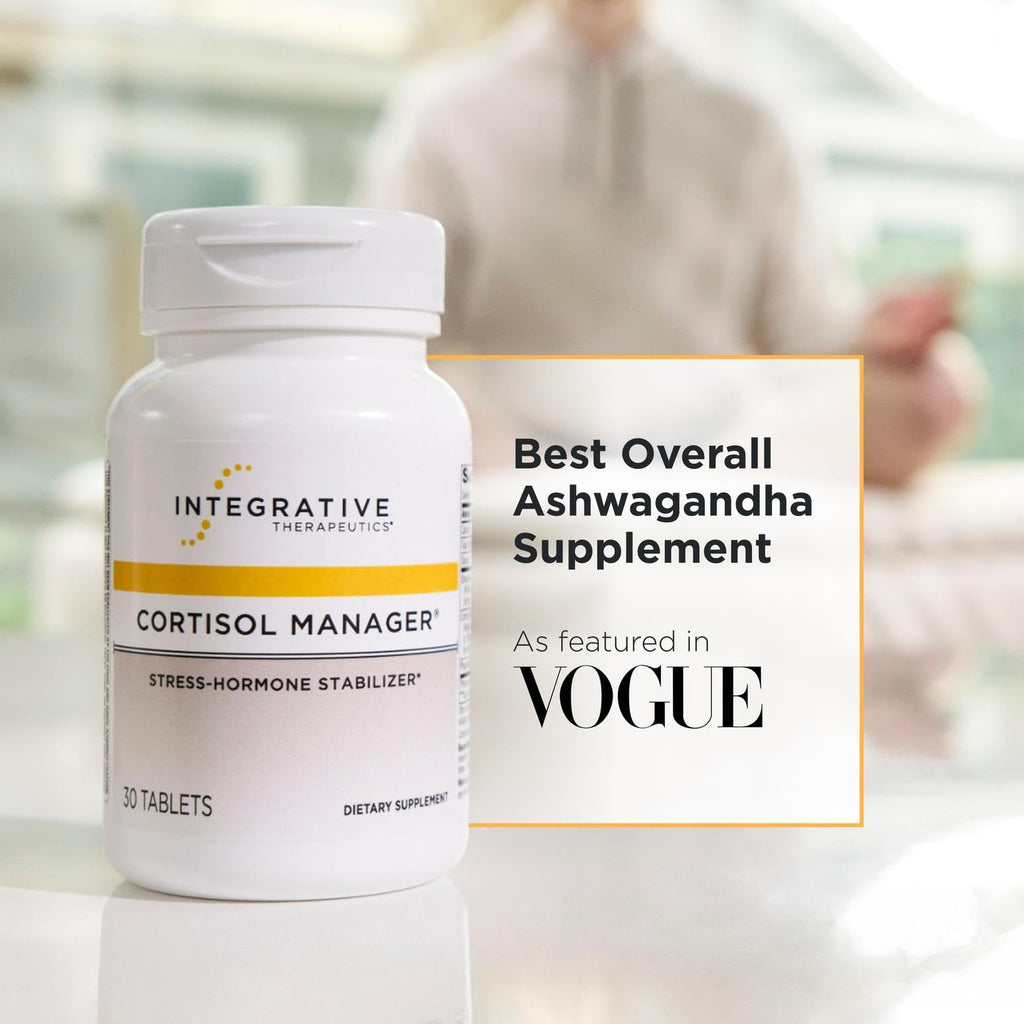 Old World Hub Integrative Therapeutics Cortisol Manager supplement tablets with Ashwagandha and L-Theanine for stress support.