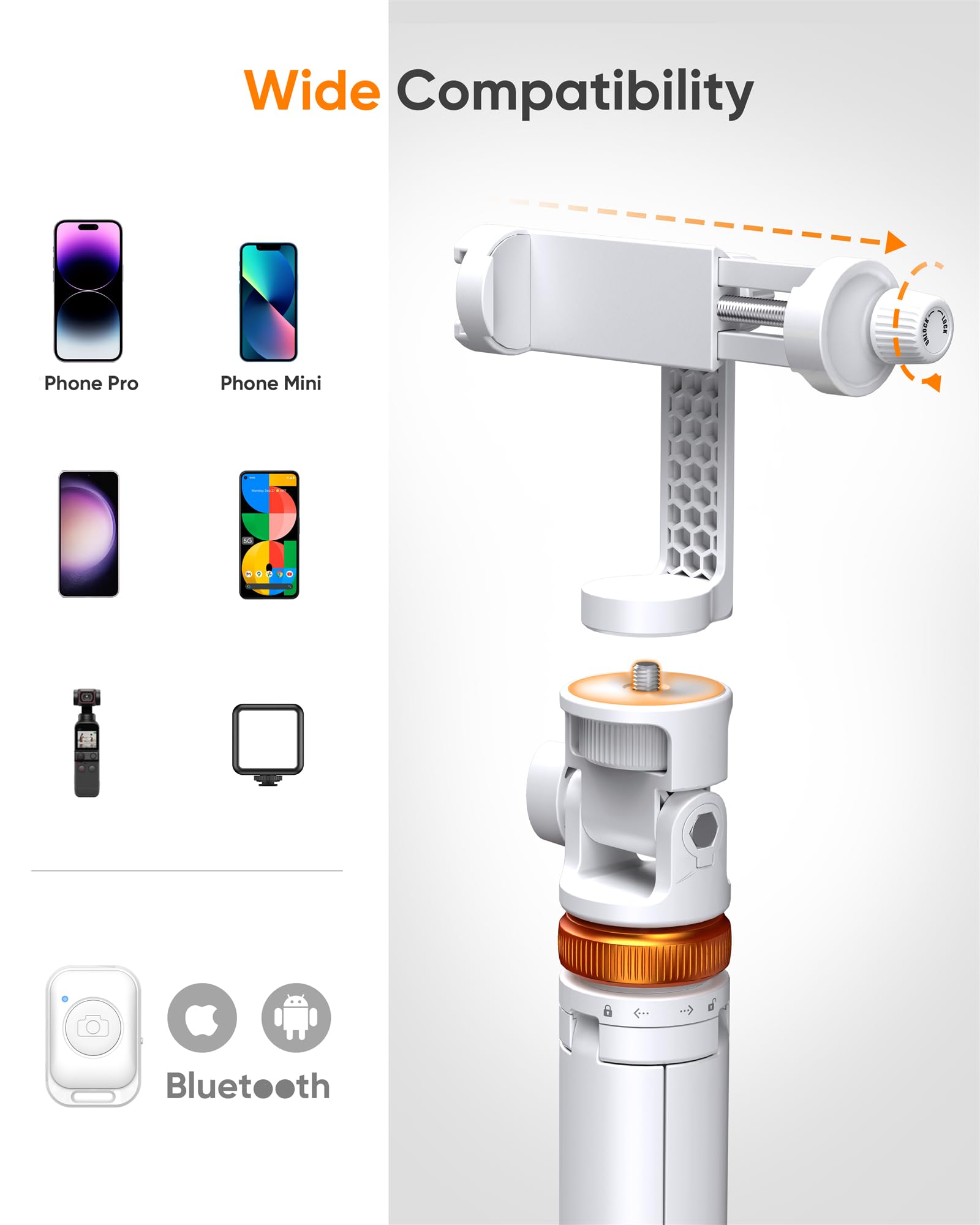 EUCOS 62-inch phone tripod by Old World Hub holding an iPhone, extendable stand with remote, versatile selfie stick and phone holder