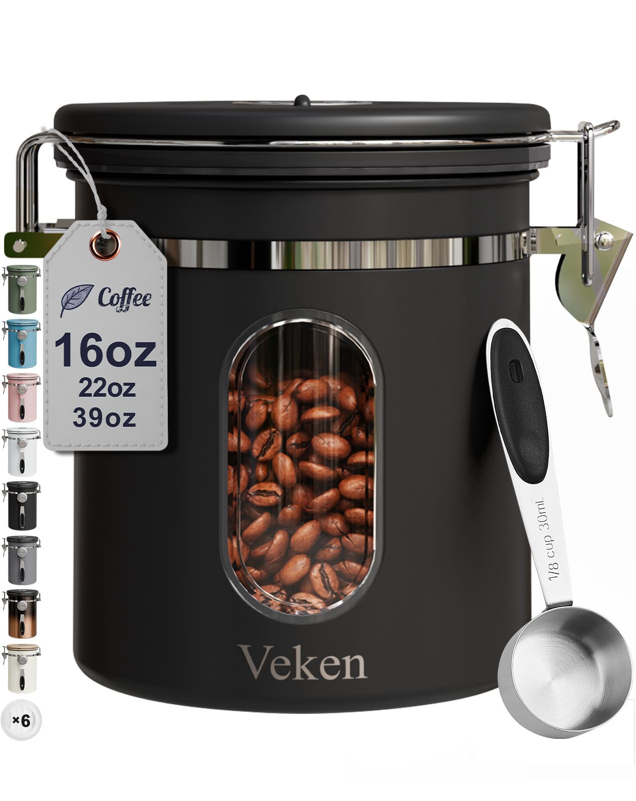 Old World Hub Veken 22oz black stainless steel coffee canister with window, airtight food storage for ground coffee, beans, and more.