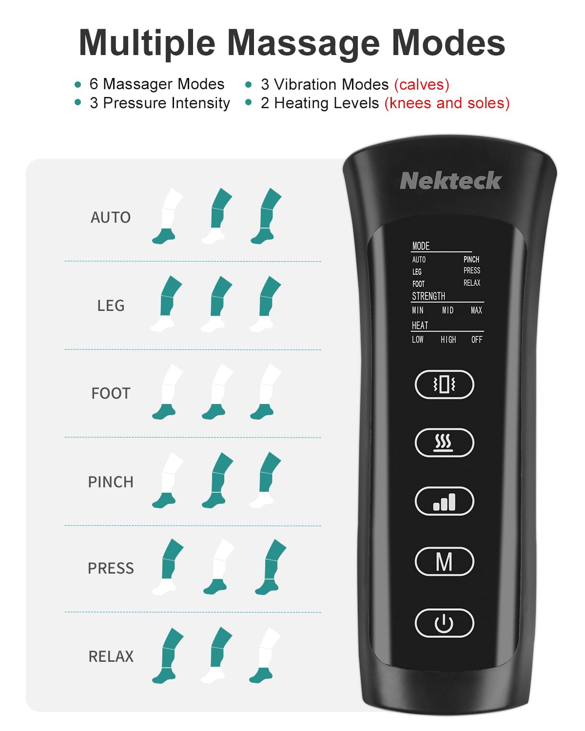 Old World Hub Nekteck leg compression massager with foot and calf wraps, hand-held controller, showing adjustable modes and intensities.