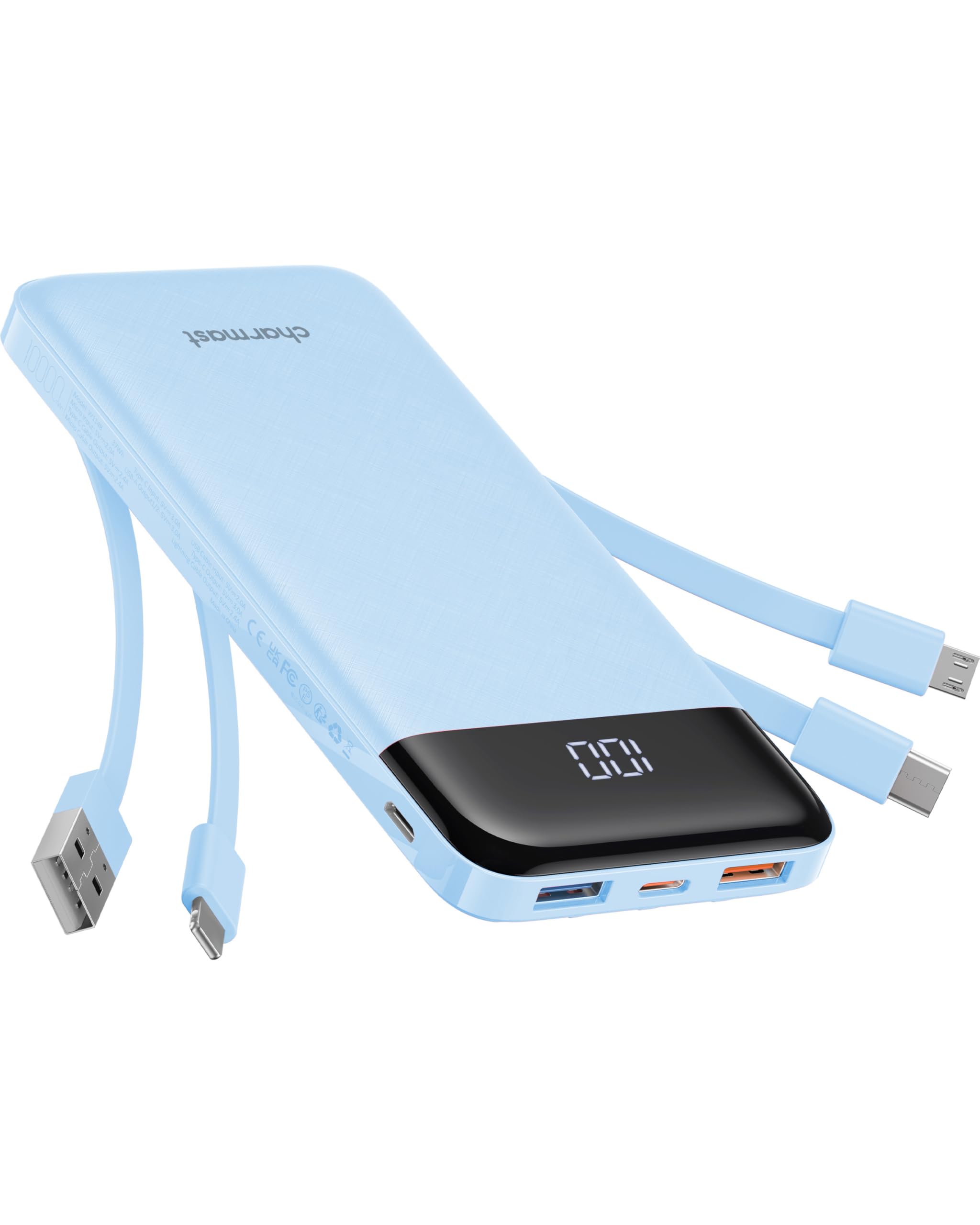 Old World Hub Charmast portable 10000mAh power bank with built-in cables, slim design, multiple outputs, fast charging for smartphones and tablets.