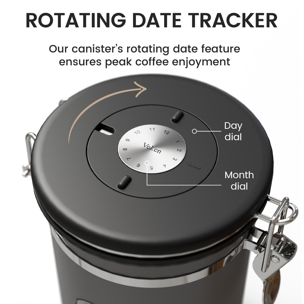 Old World Hub Veken 22oz black stainless steel coffee canister with window, airtight lid, ideal for ground coffee, beans, and pantry storage