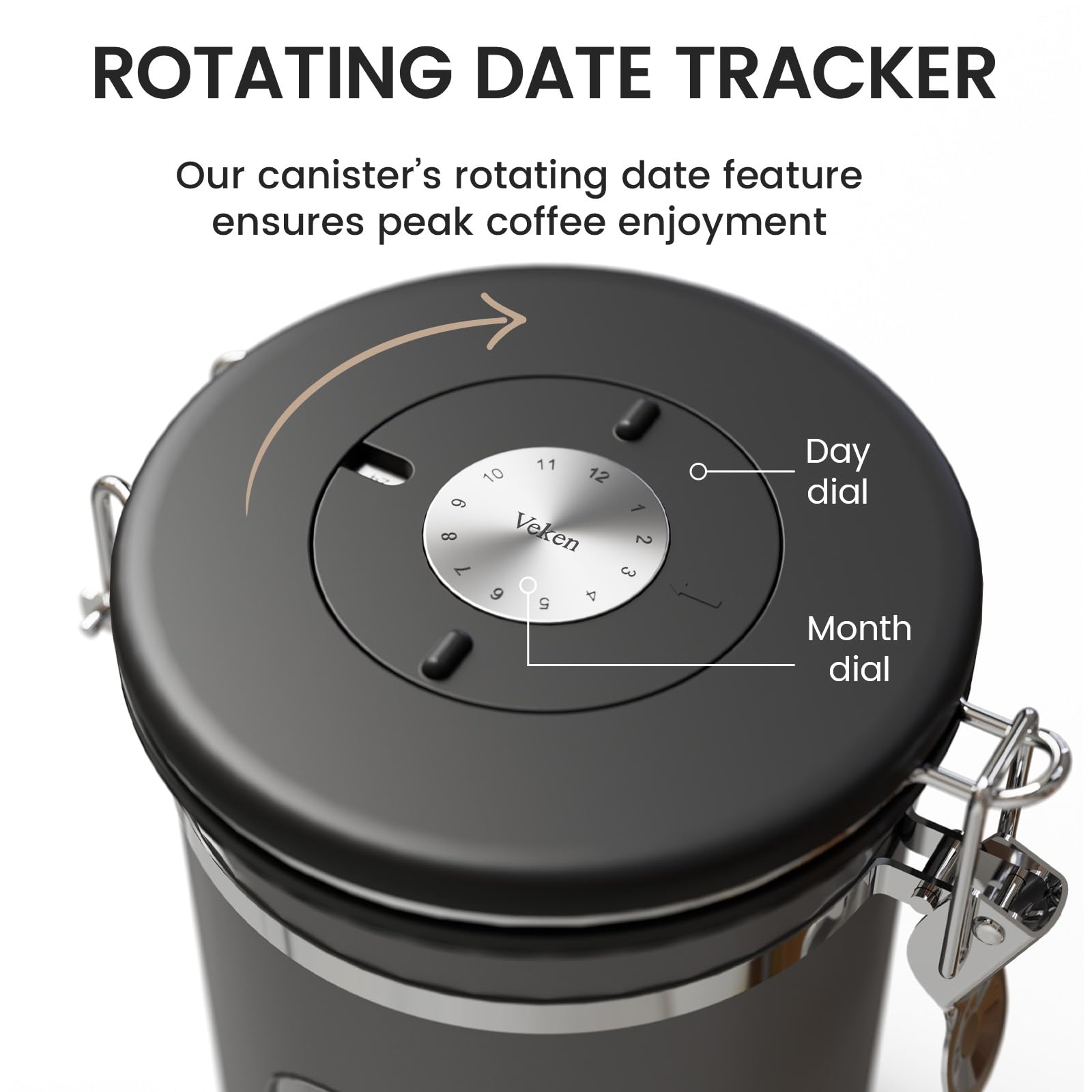 Old World Hub Veken 22oz black stainless steel coffee canister with window, airtight lid, ideal for ground coffee, beans, and pantry storage