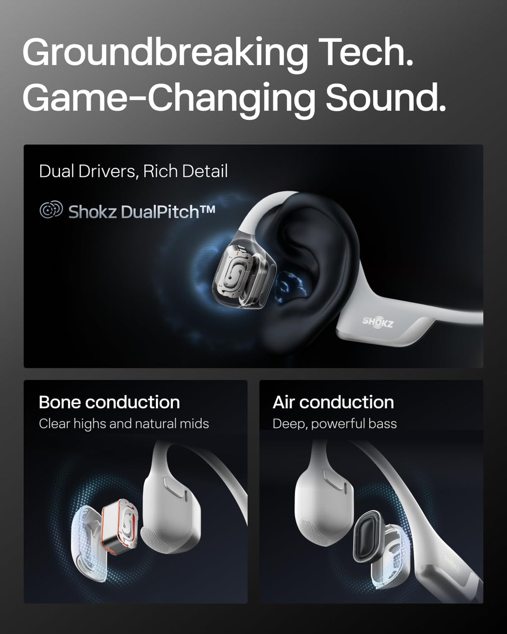 Old World Hub SHOKZ OpenRun Pro 2 bone conduction Bluetooth headphones with open-ear design, deep bass, and reflective strip for sports.