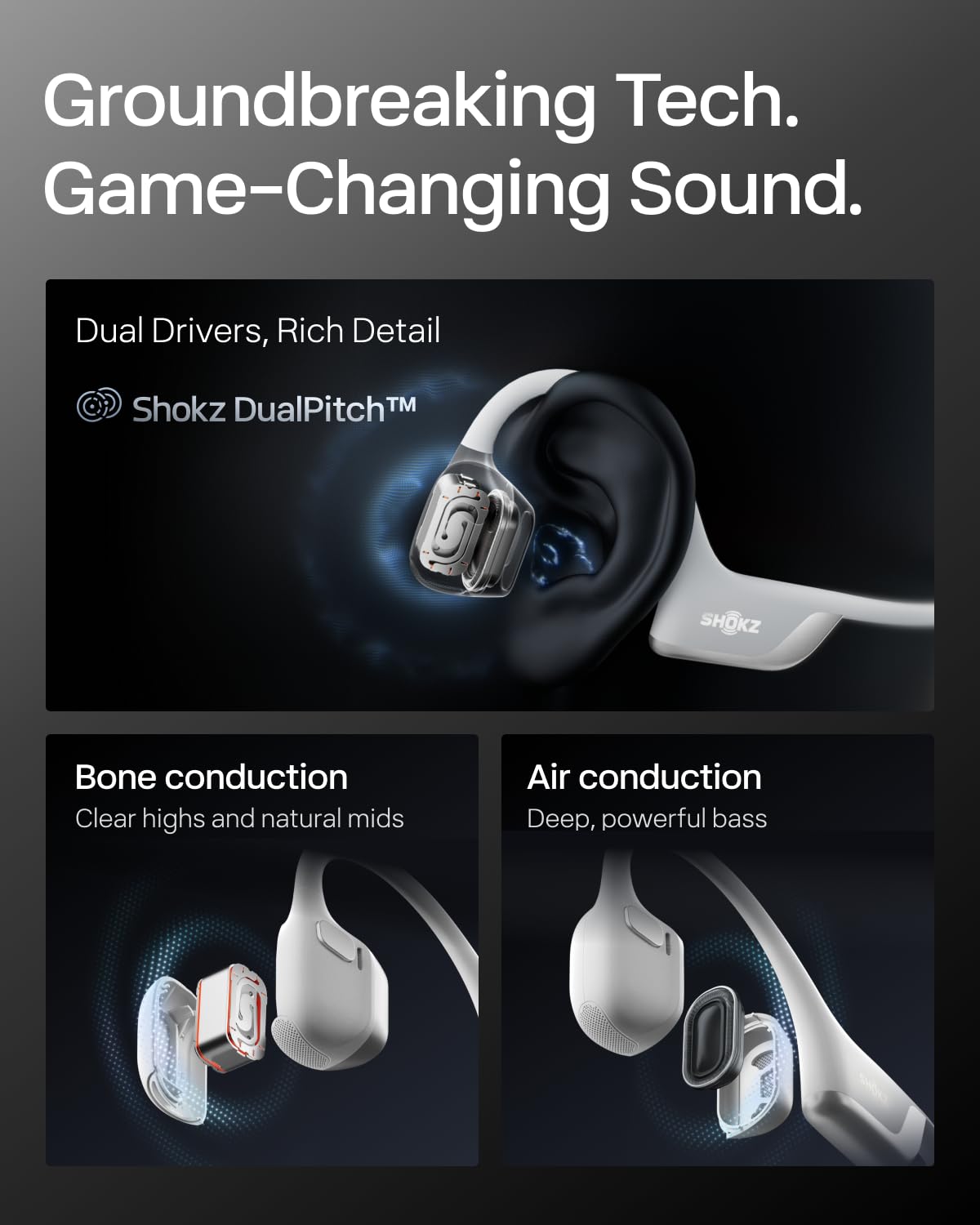 Old World Hub SHOKZ OpenRun Pro 2 bone conduction Bluetooth headphones with open-ear design, deep bass, and reflective strip for sports.