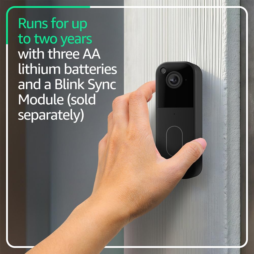 Old World Hub Blink Video Doorbell in black showing head-to-toe HD view with battery and simple setup, add-on model without sync module