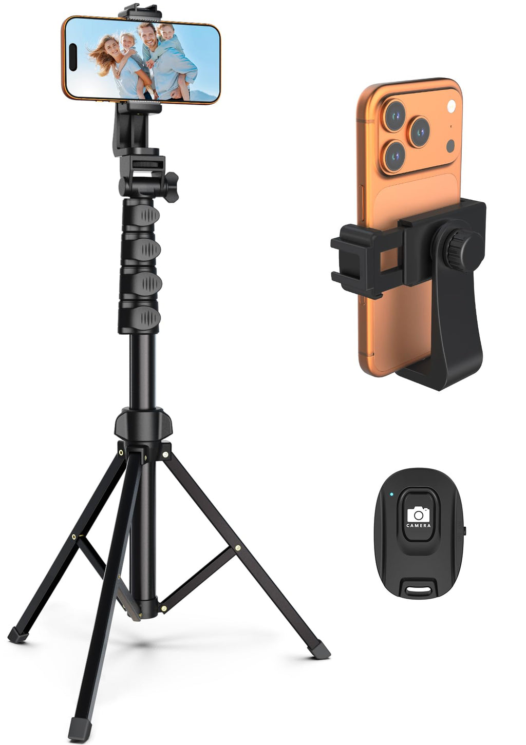 Old World Hub Store Liphisy 64-inch tripod for cell phones and cameras with remote, adjustable height, multi-angle shot.