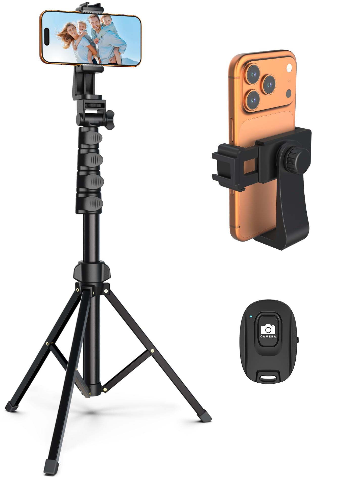 Old World Hub Store Liphisy 64-inch tripod for cell phones and cameras with remote, adjustable height, multi-angle shot.
