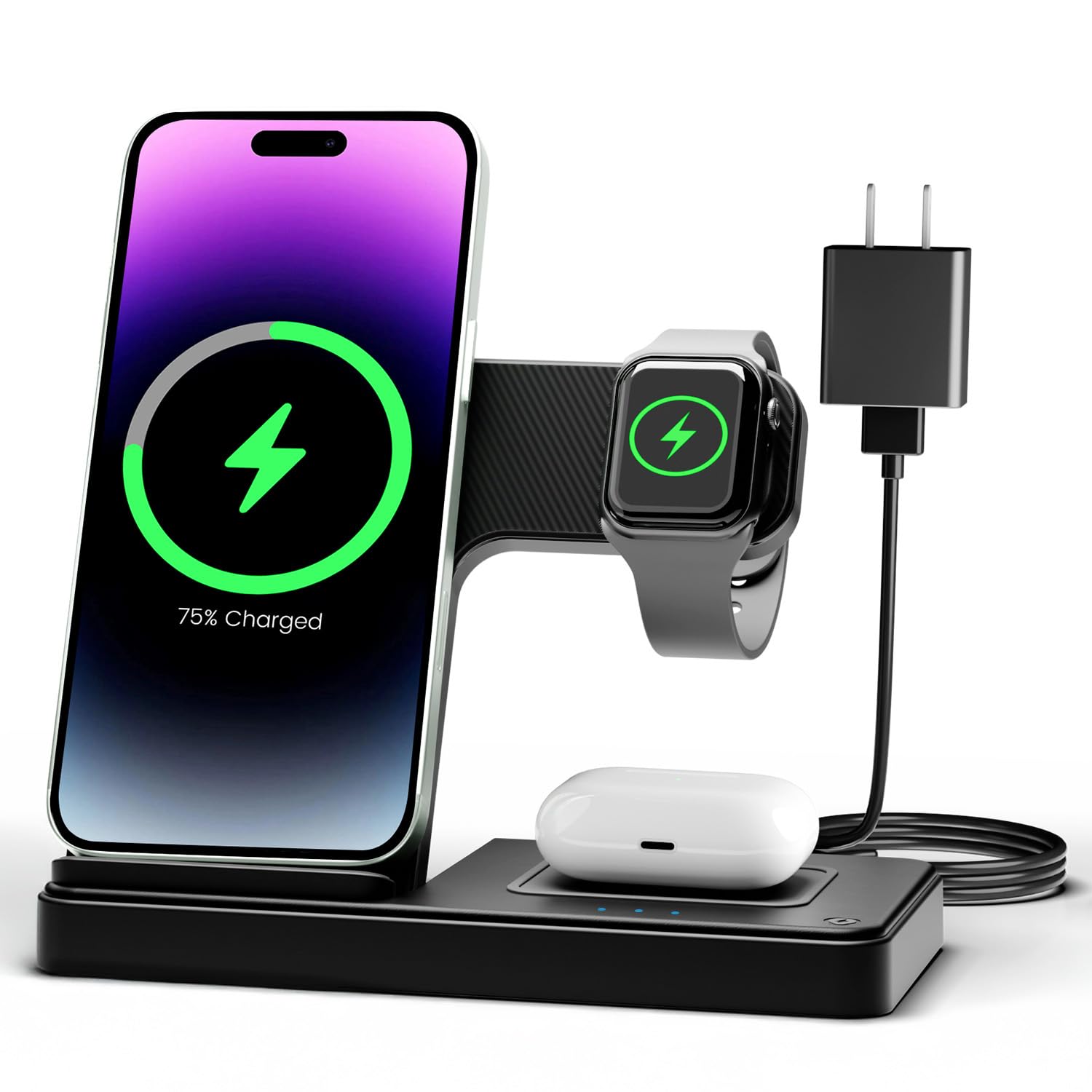 Wireless charger station by Old World Hub with iPhone, Apple Watch, and AirPods charging on a sleek stand.