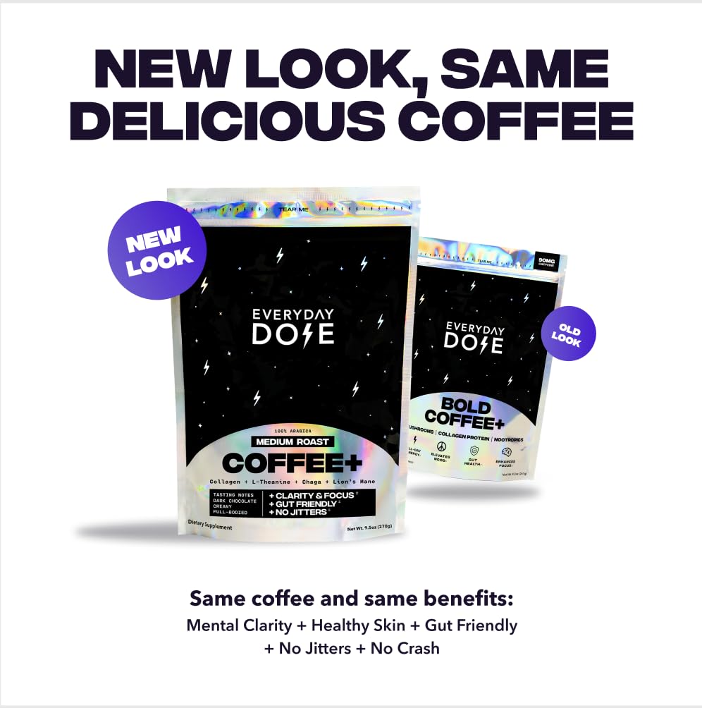 Old World Hub Everyday Dose Mushroom Coffee with grass-fed collagen, Chaga, Lion's Mane, and L-Theanine in a prepared beverage cup.