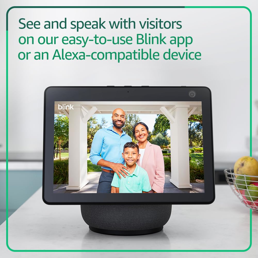 Old World Hub Blink Video Doorbell in black showing front view with HD video camera and sleek design, battery compartment visible