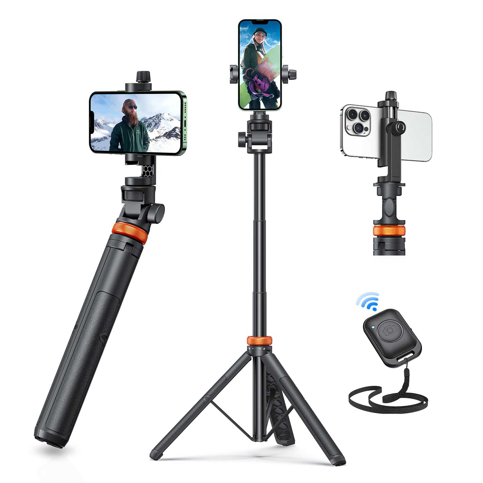 EUCOS 62-inch extendable phone tripod for iPhone and Android with remote and selfie stick, versatile and sturdy phone holder