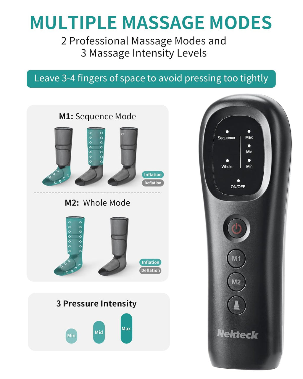 Old World Hub Nekteck leg compression massager with foot and calf wraps, hand-held controller, 3 intensities, for circulation and pain relief.