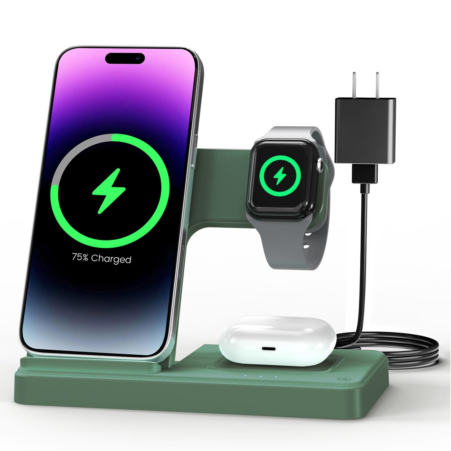 Wireless charger station by Old World Hub with space for iPhone, Apple Watch, and AirPods in a sleek 3-in-1 charging stand.