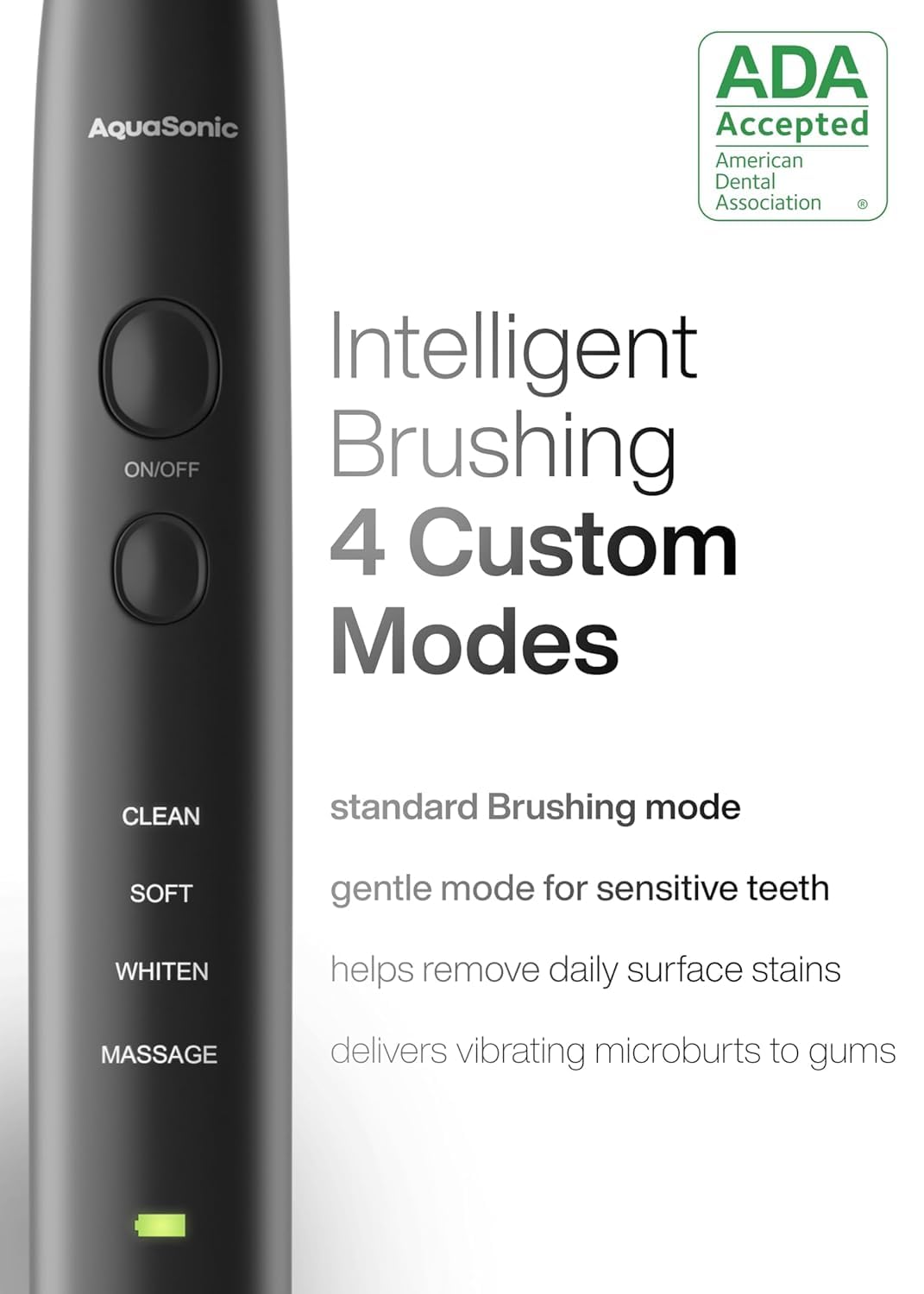 Old World Hub Aquasonic Black Series electric toothbrush with 8 brush heads, travel case, wireless charging, 4 modes, and smart timer.