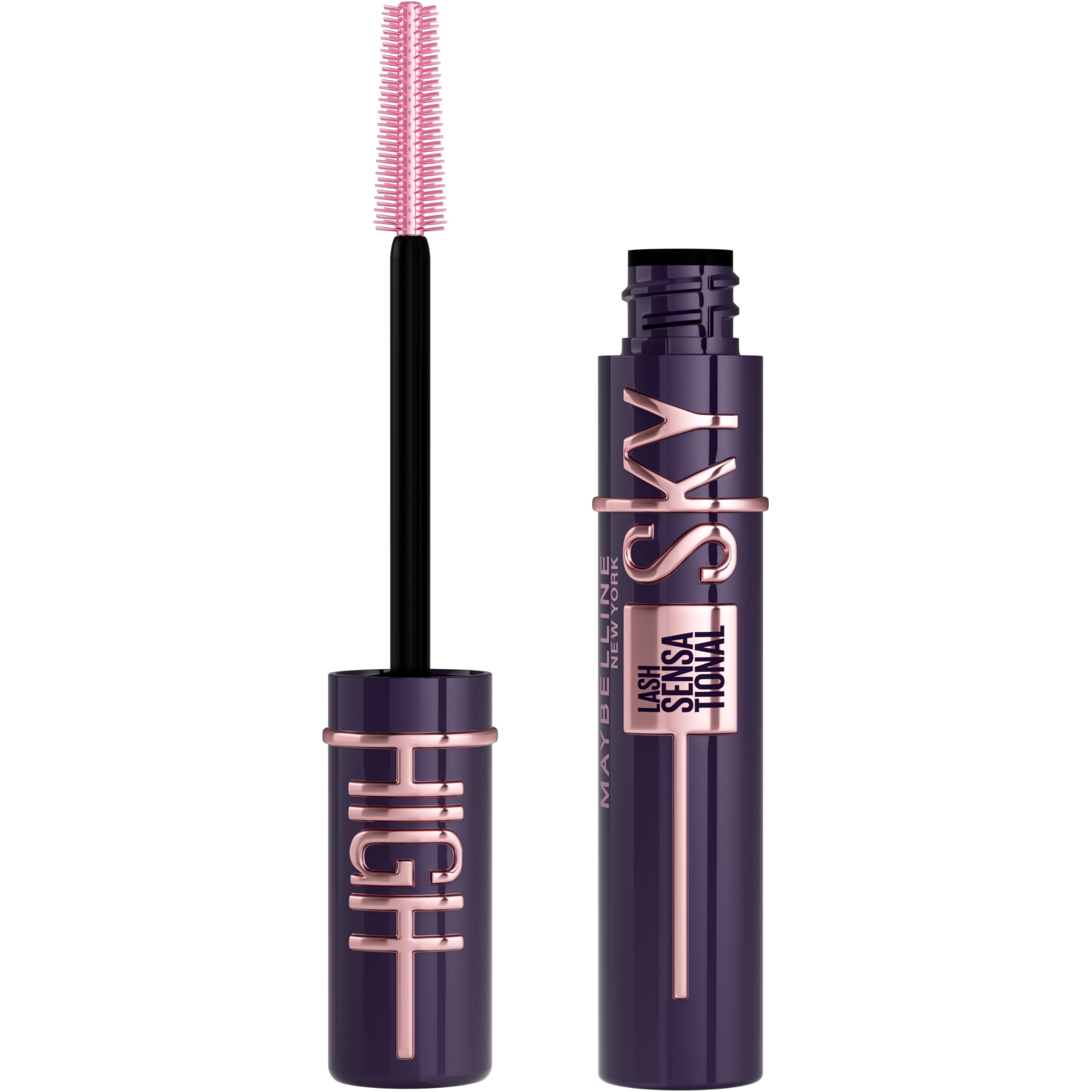 Maybelline Lash Sensational Sky High washable mascara with volumizing, lengthening, and defining black formula on a makeup brush.