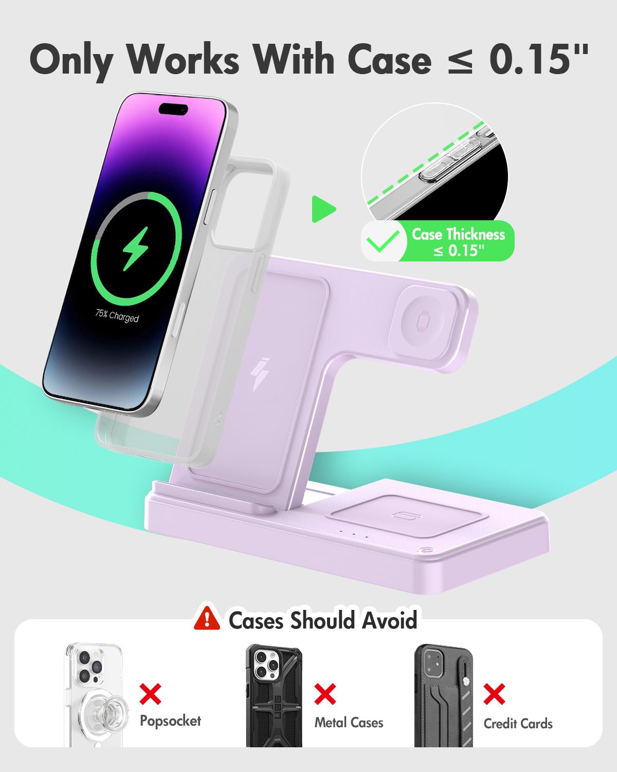 Old World Hub 3-in-1 wireless charger stand with iPhone, Apple Watch, and AirPods charging ports, displaying multiple compatible devices.