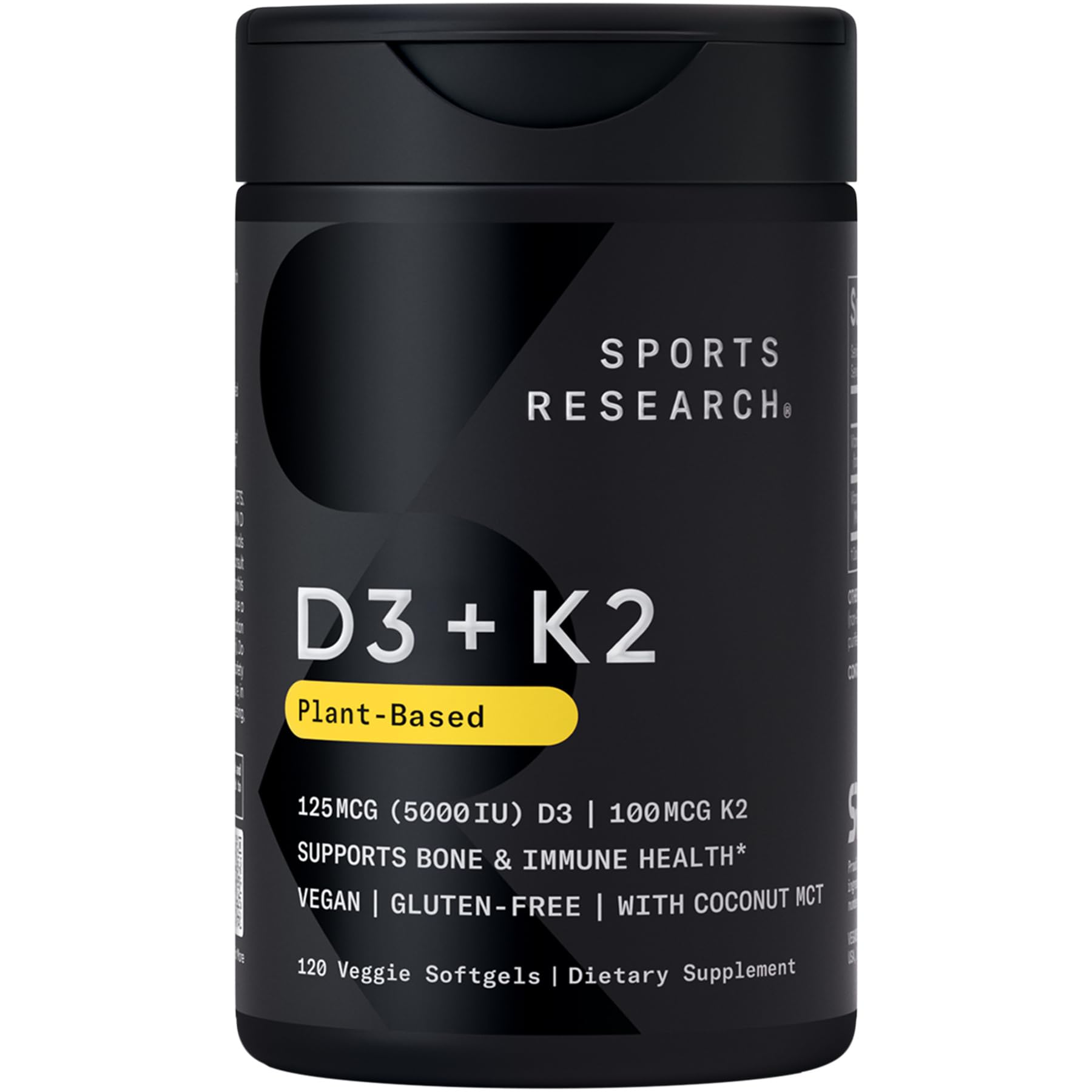 Vegan Sports Research Vitamin D3 5000iu and K2 100mcg softgels with coconut oil for bone and immune support.
