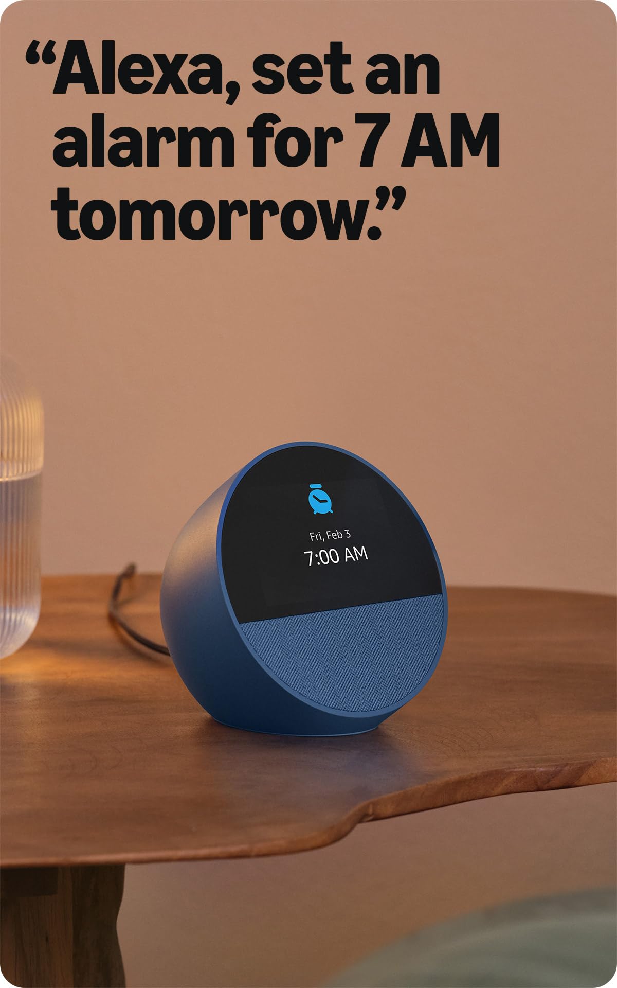 Amazon Echo Spot smart alarm clock in black with Alexa, designed for nightstands, offices, and kitchens, by Old World Hub.