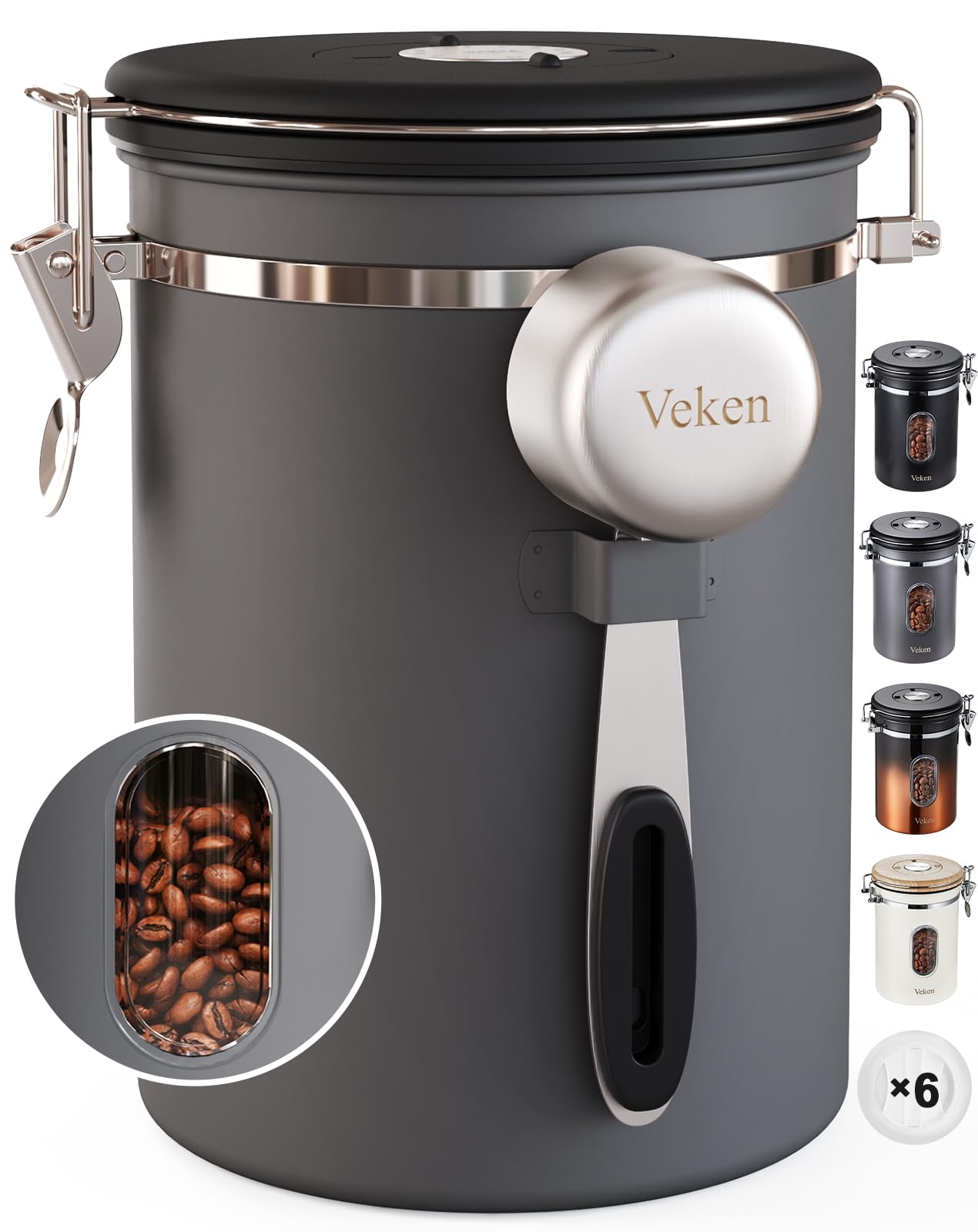 Old World Hub Veken black stainless steel coffee canister with window, 22oz, airtight food storage container for coffee, beans, and pantry items.