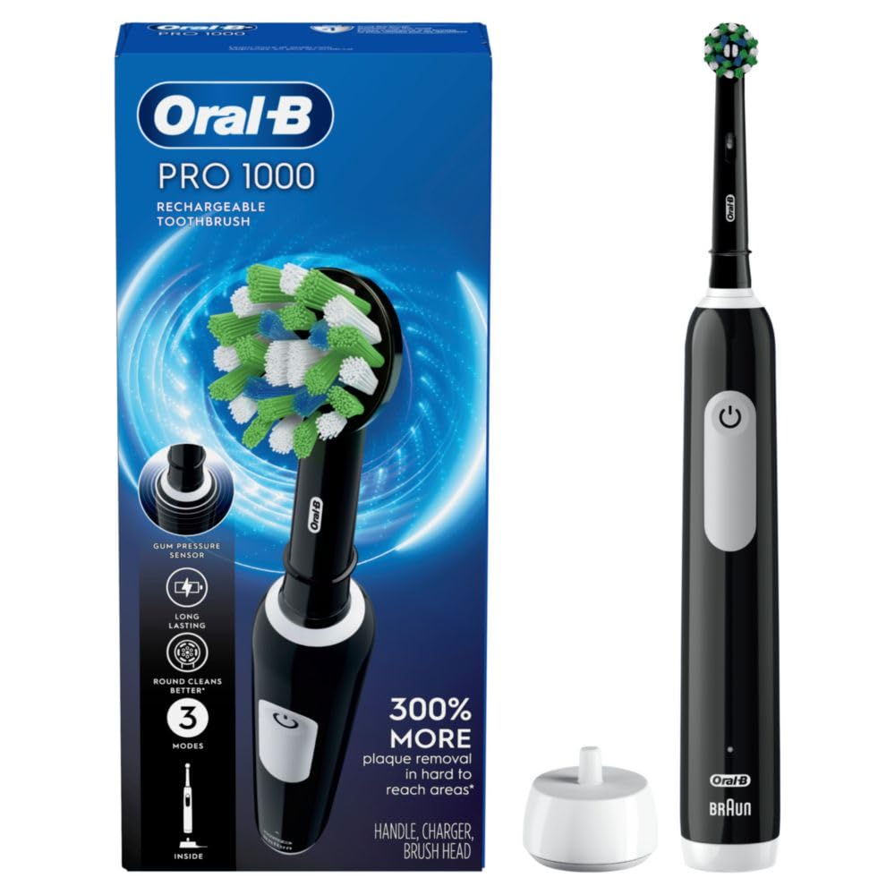 Old World Hub Black Oral-B Pro 1000 rechargeable electric toothbrush with ergonomic handle and cleaning brush head.