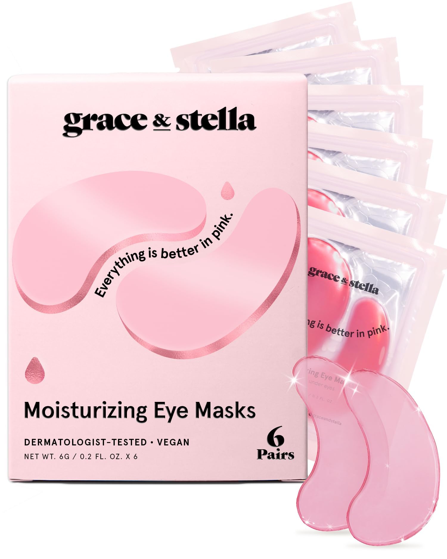 Gold gel under eye masks by Grace & Stella, 24 pairs, for dark circles, puffiness, and undereye bags, vegan and travel-friendly.