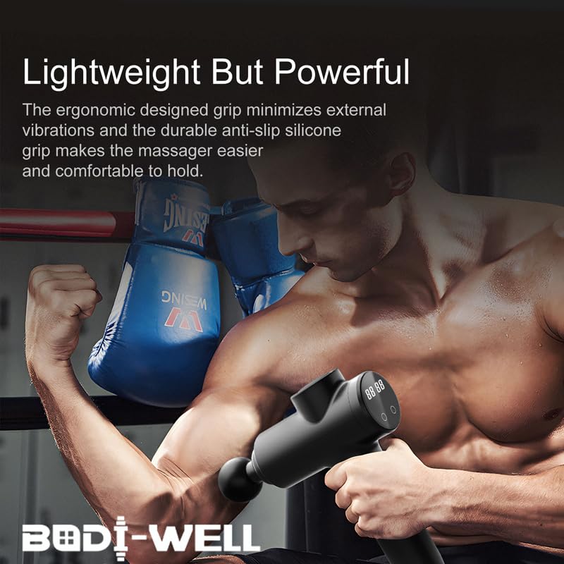 Old World Hub deep tissue massage gun with high torque motor for back, shoulder, neck, and muscle recovery.