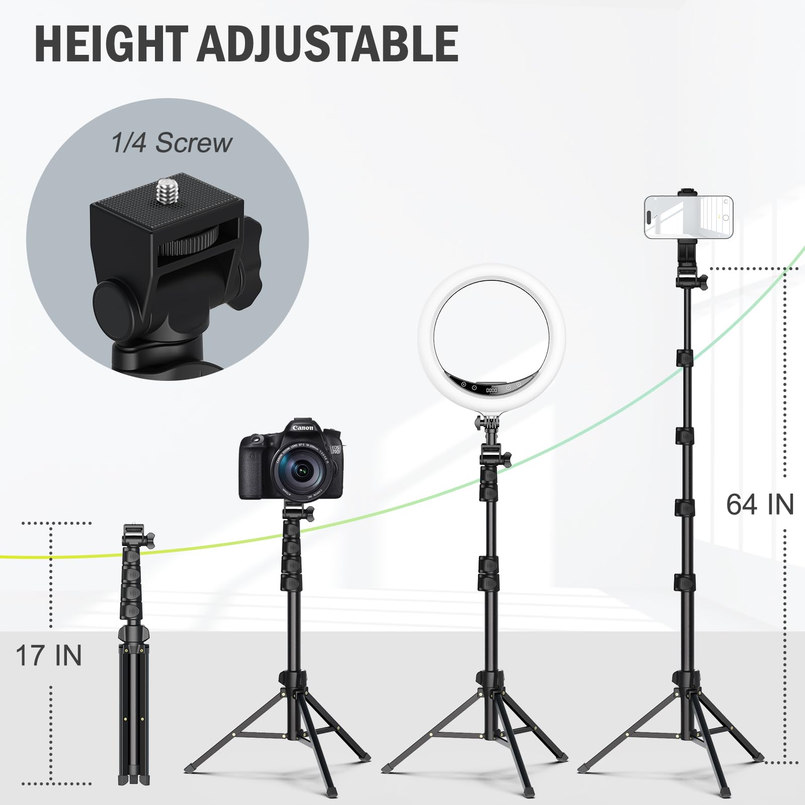 Liphisy 64-inch tripod for cell phones and cameras with phone holder, remote, and adjustable height for stable video and selfies.