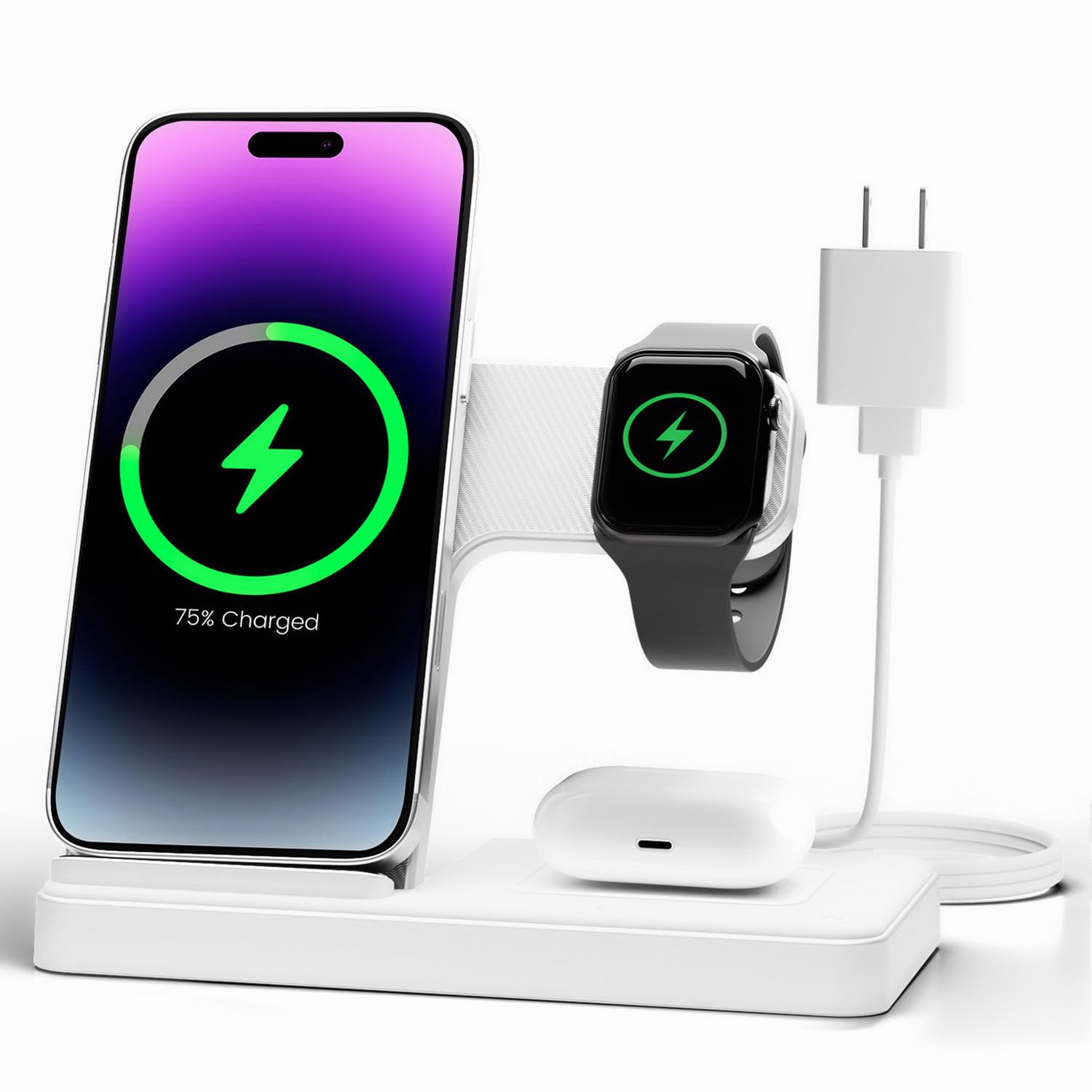 Old World Hub 3-in-1 wireless charger stand for iPhone, Apple Watch, and AirPods with multiple device compatibility and sleek design.