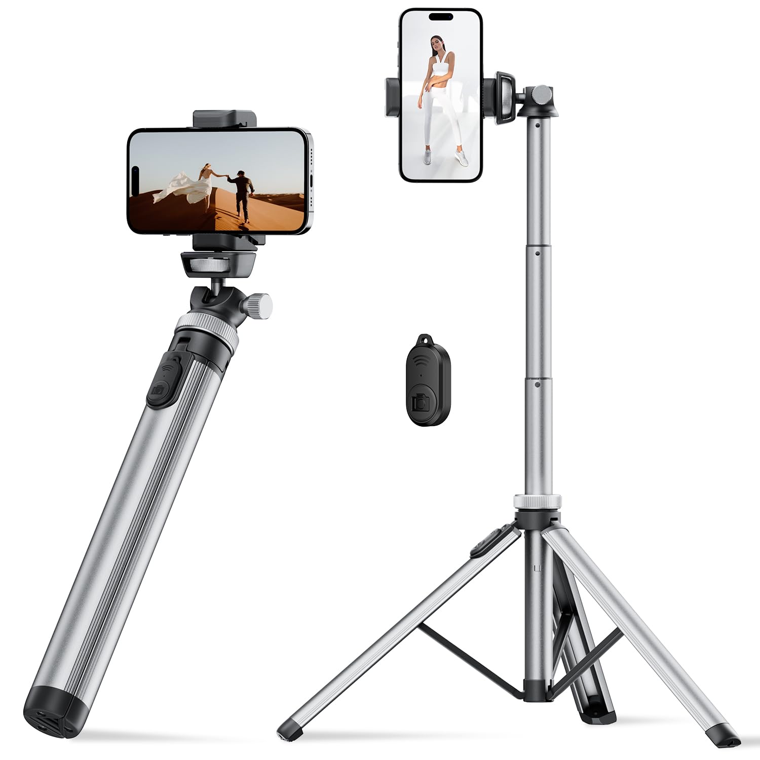 EUCOS 62-inch phone tripod for iPhone and Android, extendable stand with remote, sturdy phone holder, suitable for selfies and videos