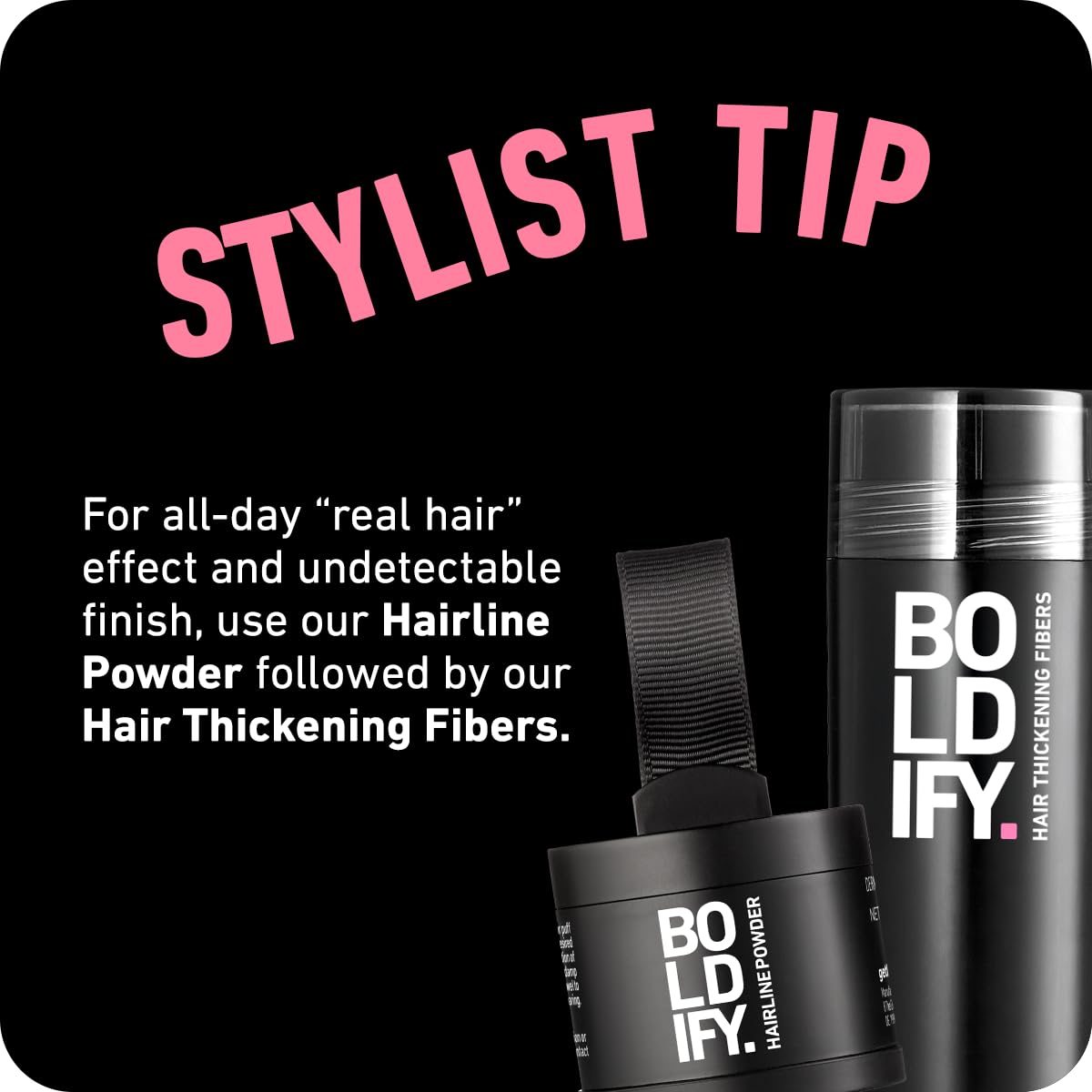 Old World Hub BOLDIFY Hairline Powder in dark brown for root touch-up, gray coverage, and concealing bald spots on women and men.