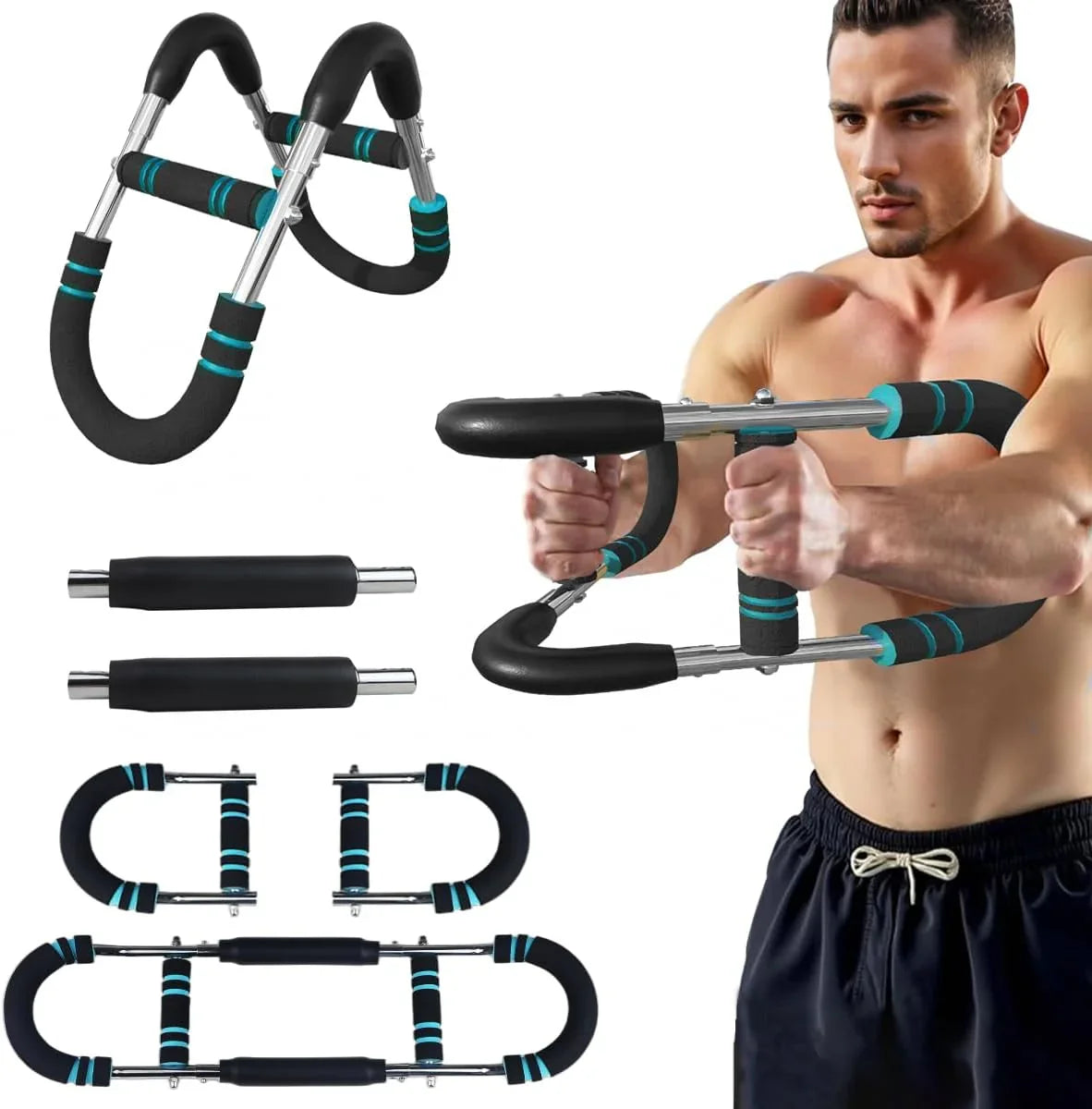 Adjustable push-up bar exercise equipment with foam grips, used by a man for strength training.