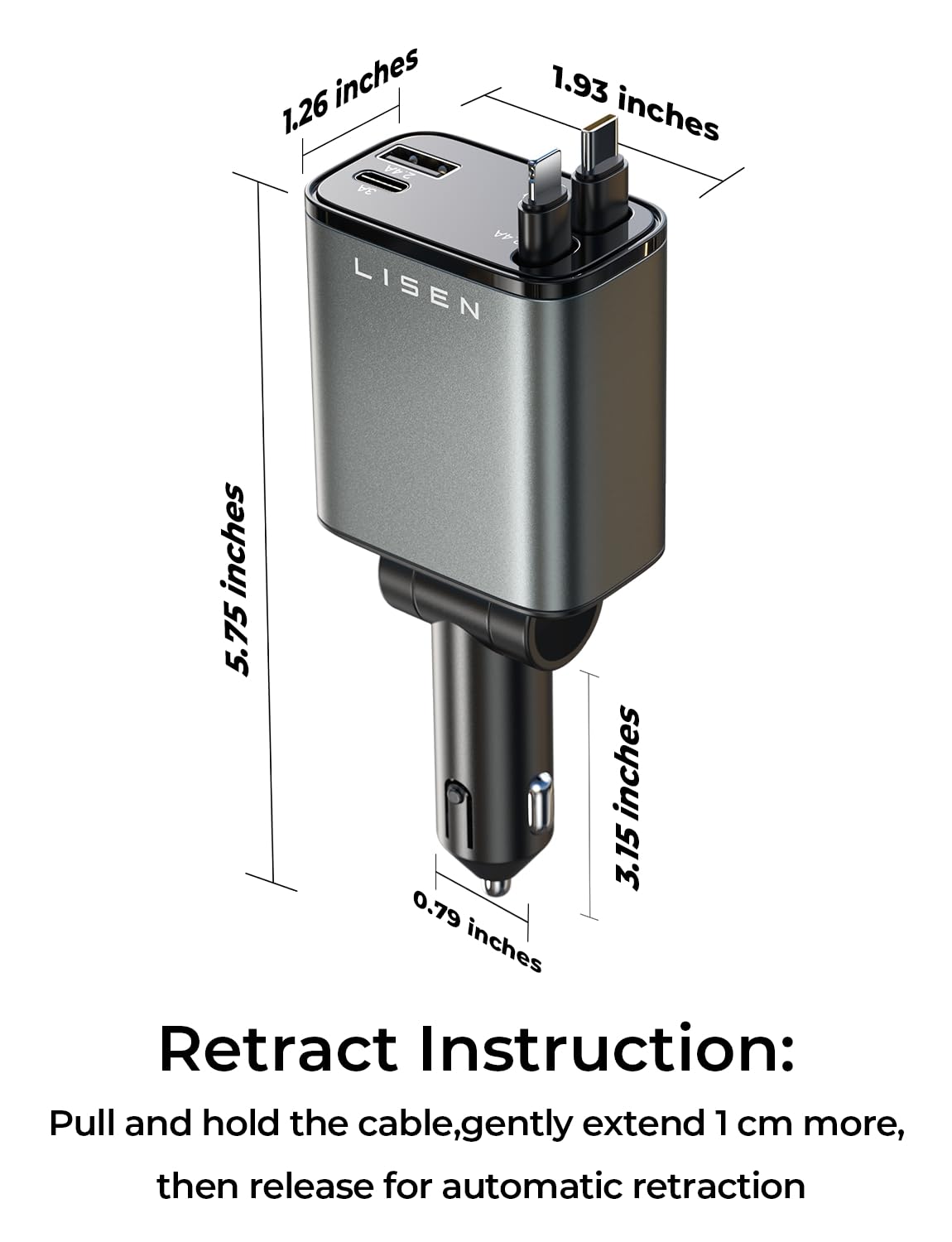 Old World Hub LISEN retractable car charger with USB C fast charging for iPhone and Samsung, in-car travel essential accessory.