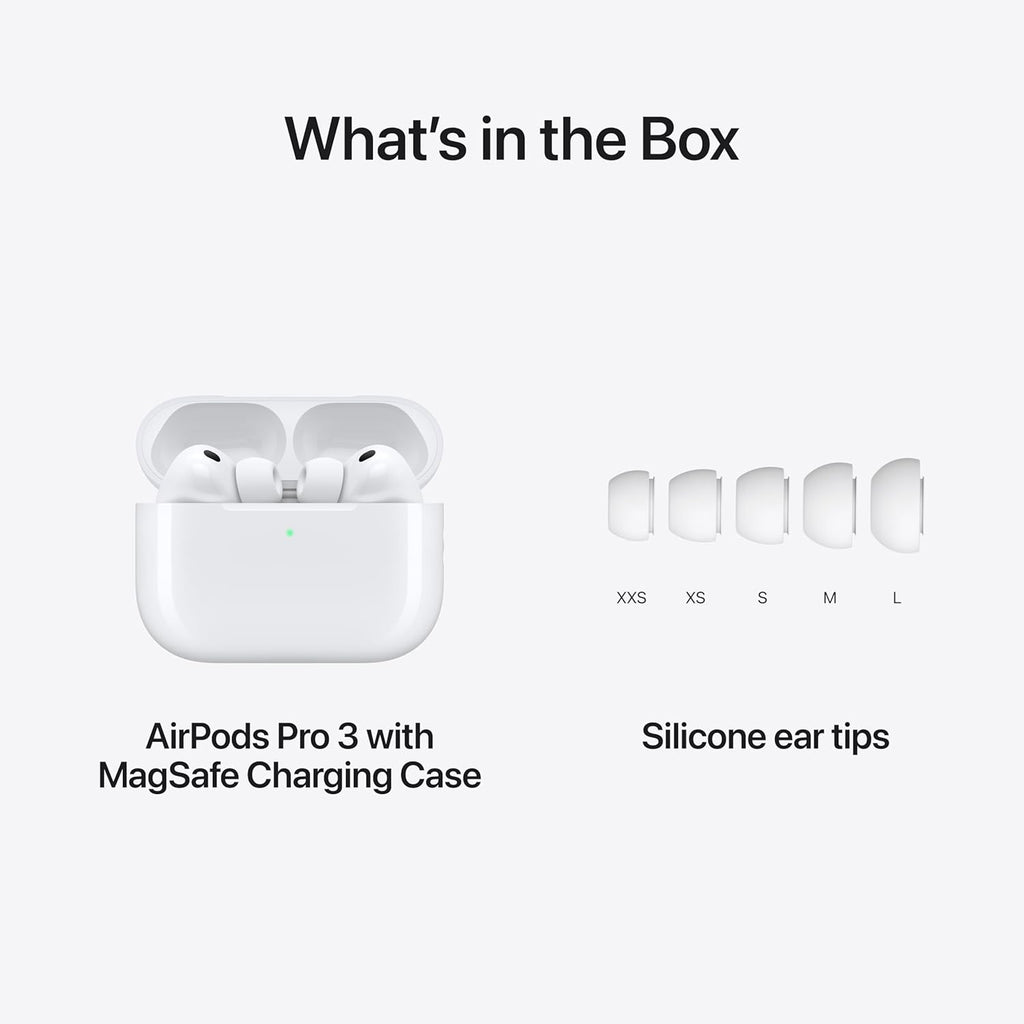 Apple AirPods Pro 3 wireless earbuds with active noise cancellation, Bluetooth, and charging case, featuring sleek design and high-fidelity sound.