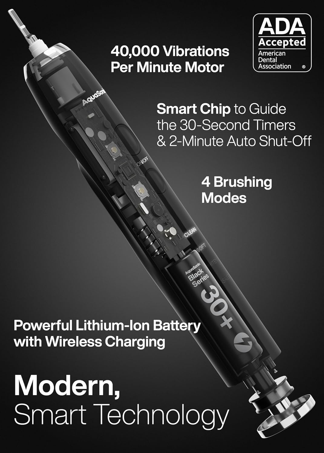 Old World Hub Aquasonic Black Series electric toothbrush with 8 brush heads, travel case, and smart timer, featuring 40,000 VPM motor.