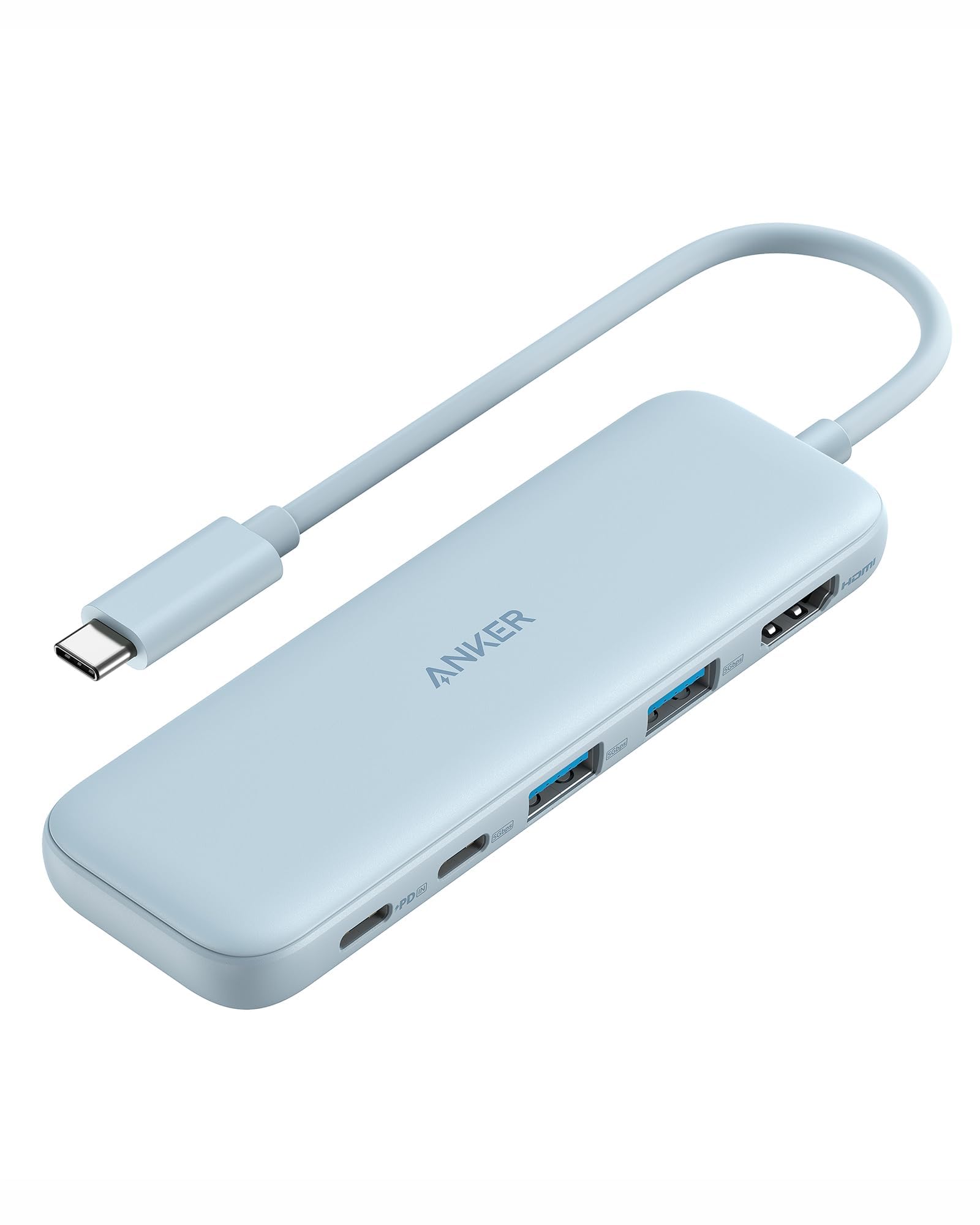 Anker 5-in-1 USB C Hub with HDMI port, 4K display, USB-C and USB-A data ports in green, compatible with MacBook, Dell, Lenovo, HP.