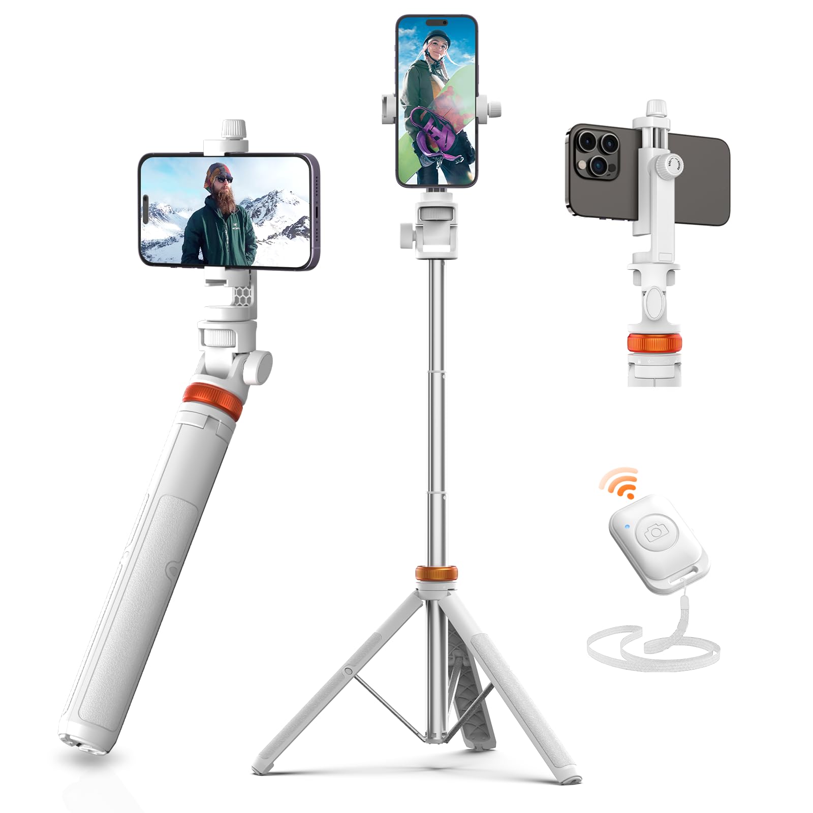 Old World Hub EUCOS 62-inch phone tripod with remote, extendable cell phone stand, compatible with iPhone and Android devices.
