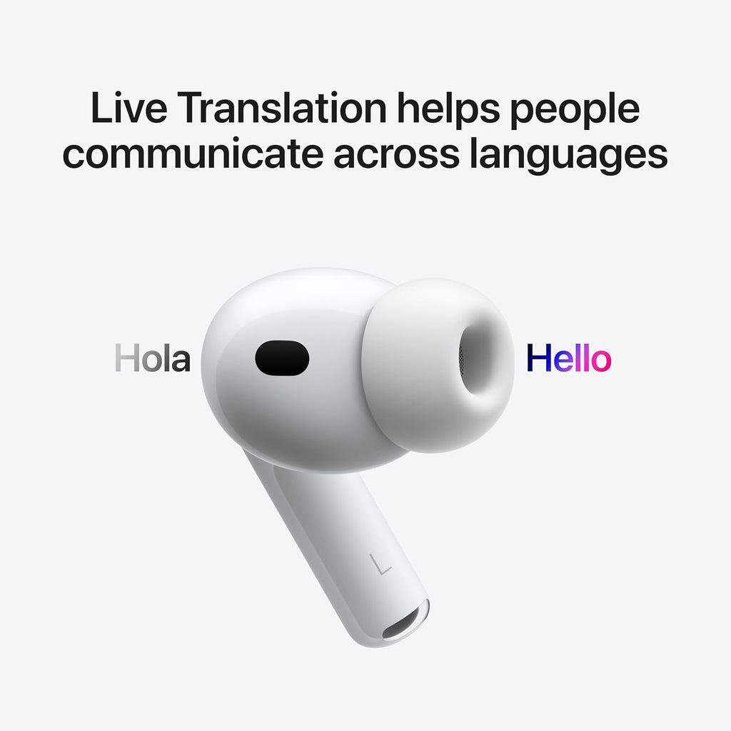 Apple AirPods Pro 3 wireless earbuds with active noise cancellation, Bluetooth, and spatial audio, in a sleek white case.