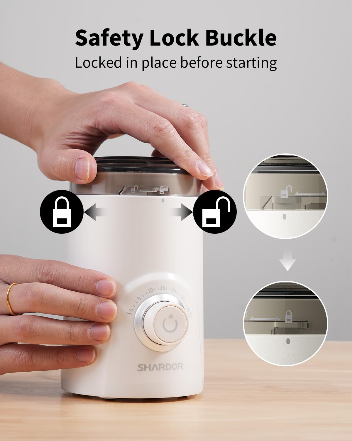 Old World Hub SHARDOR electric coffee grinder with silent blades, timed control, adjustable for coffee beans, spices, and herbs in black.