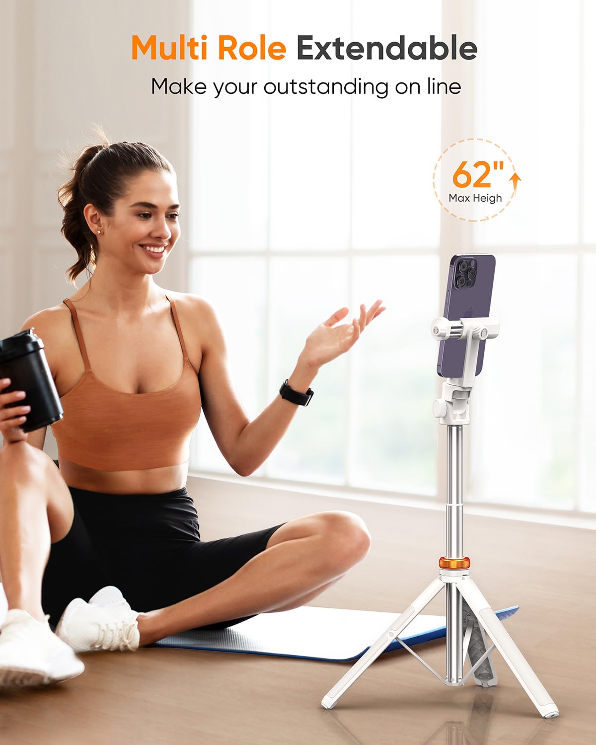 EUCOS 62-inch extendable phone tripod with remote, compatible with iPhone and Android, featuring a sturdy cell phone stand and selfie stick