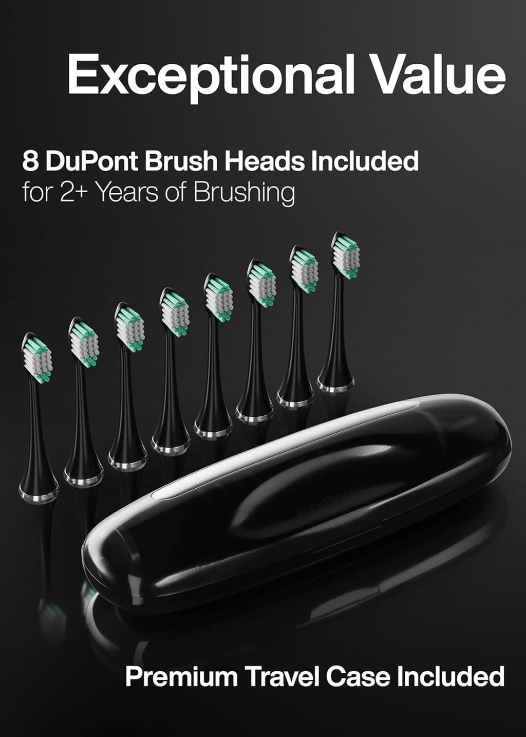 Old World Hub Aquasonic Black Series electric toothbrush with 8 brush heads, travel case, wireless charging, and four cleaning modes.