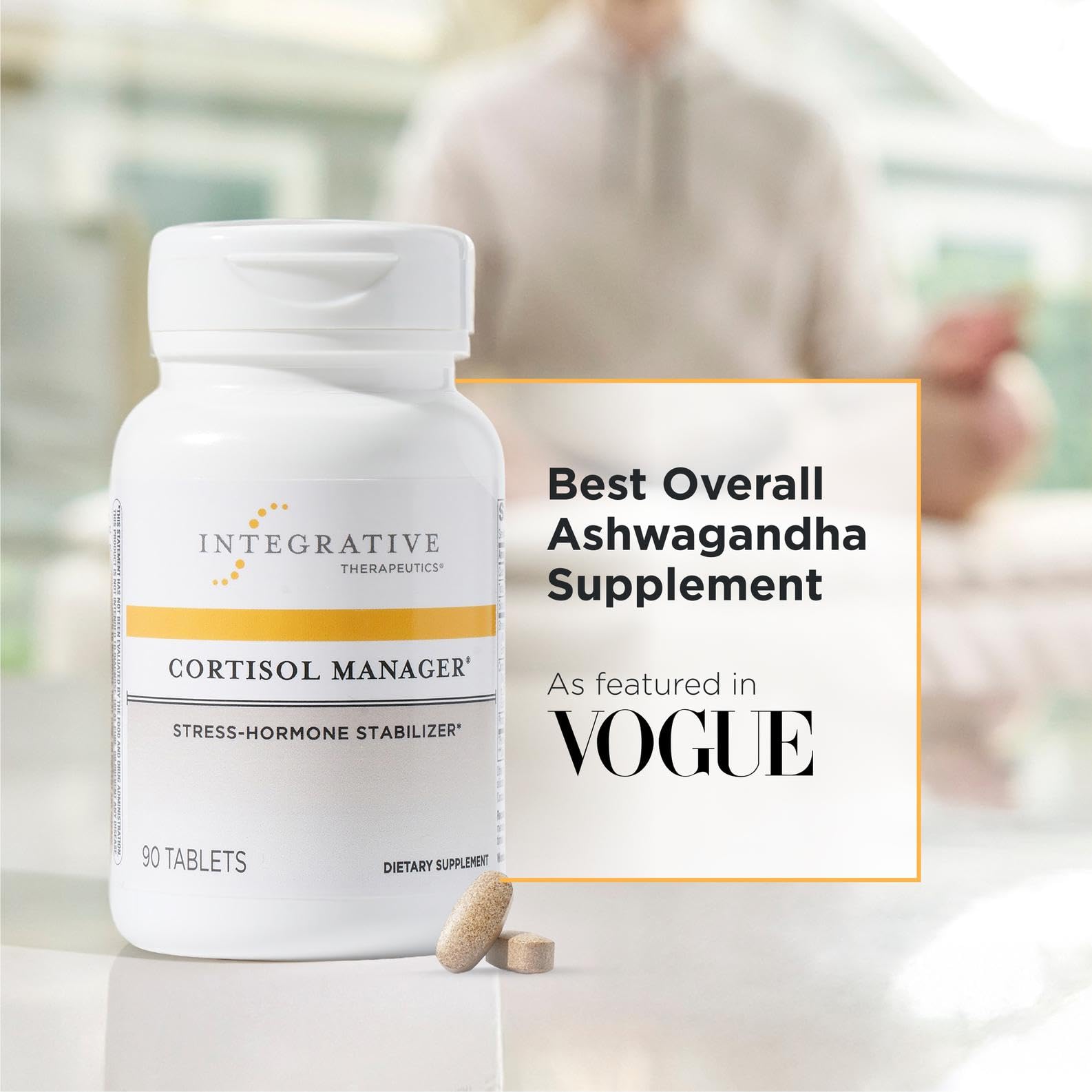 Old World Hub Integrative Therapeutics Cortisol Manager tablets with Ashwagandha and L-Theanine for stress relief and relaxation.